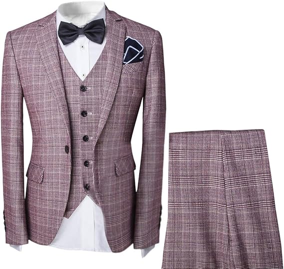 Amazon Co Jp Yunclos スリーピース メンズスーツ セットアップ 1つボタン スリム ビジネス ピンク 結婚式 チェック 3点セット 服 ファッション小物