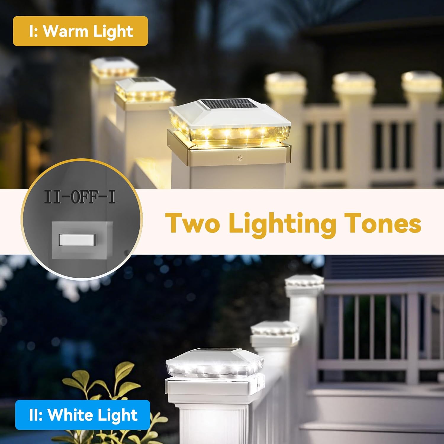 Solar Post Cap Lights Outdoor, 12 Pack Upgraded Waterproof Deck Fence Post Solar Lights for 3.5x3.5 4x4 5x5 Vinyl/Wood Posts, 10-12 Hours Warm/Cool White Glow for Garden/Patio/Porch - White