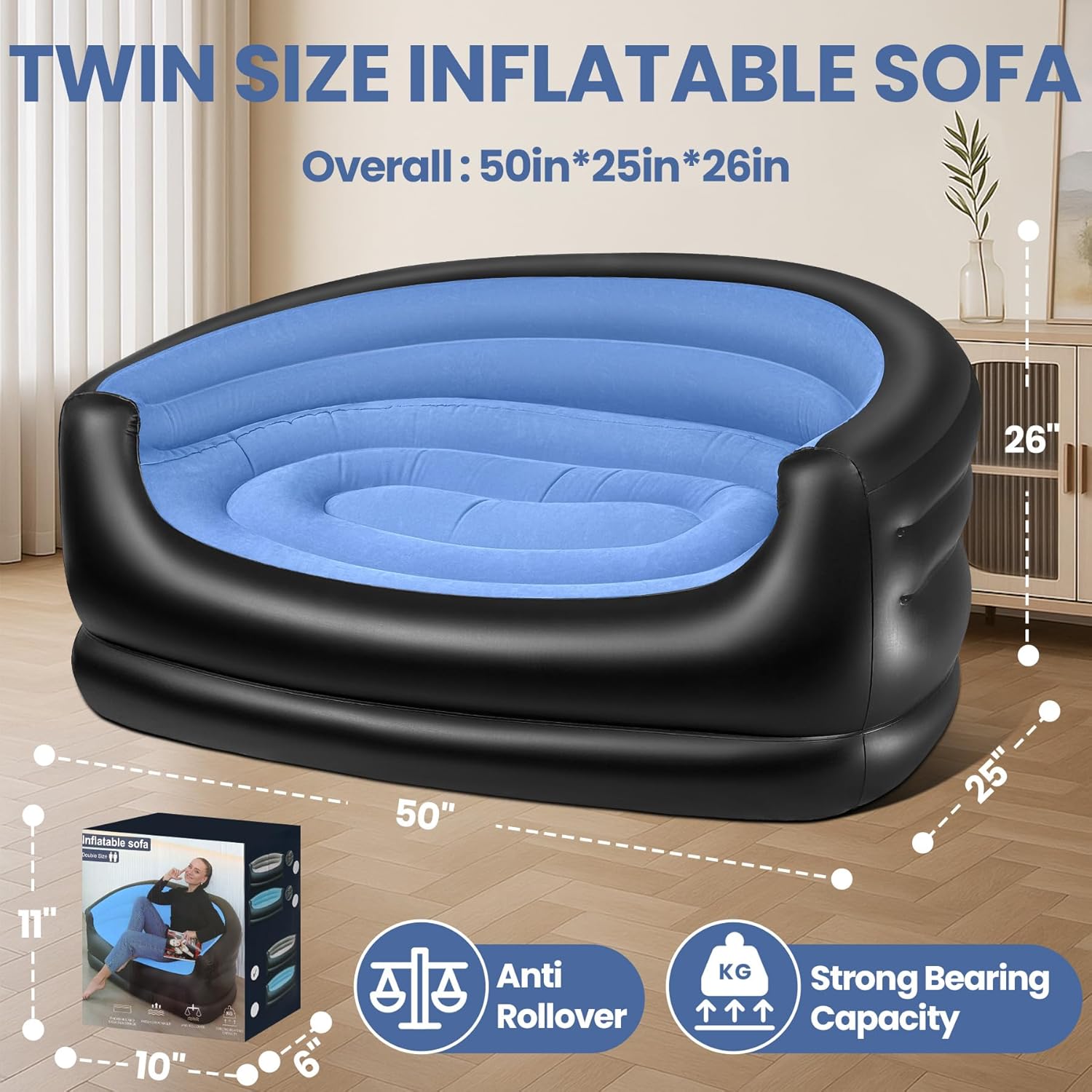 LanSuper Twin Size Inflatable Couch, Blow up couch with Pump,Flocked Surface Inflatable Chair for Adults, Portable Air Sofa Inflatable Couch, Waterproof Air Couch,Comfortable Blow up Couch for Camping