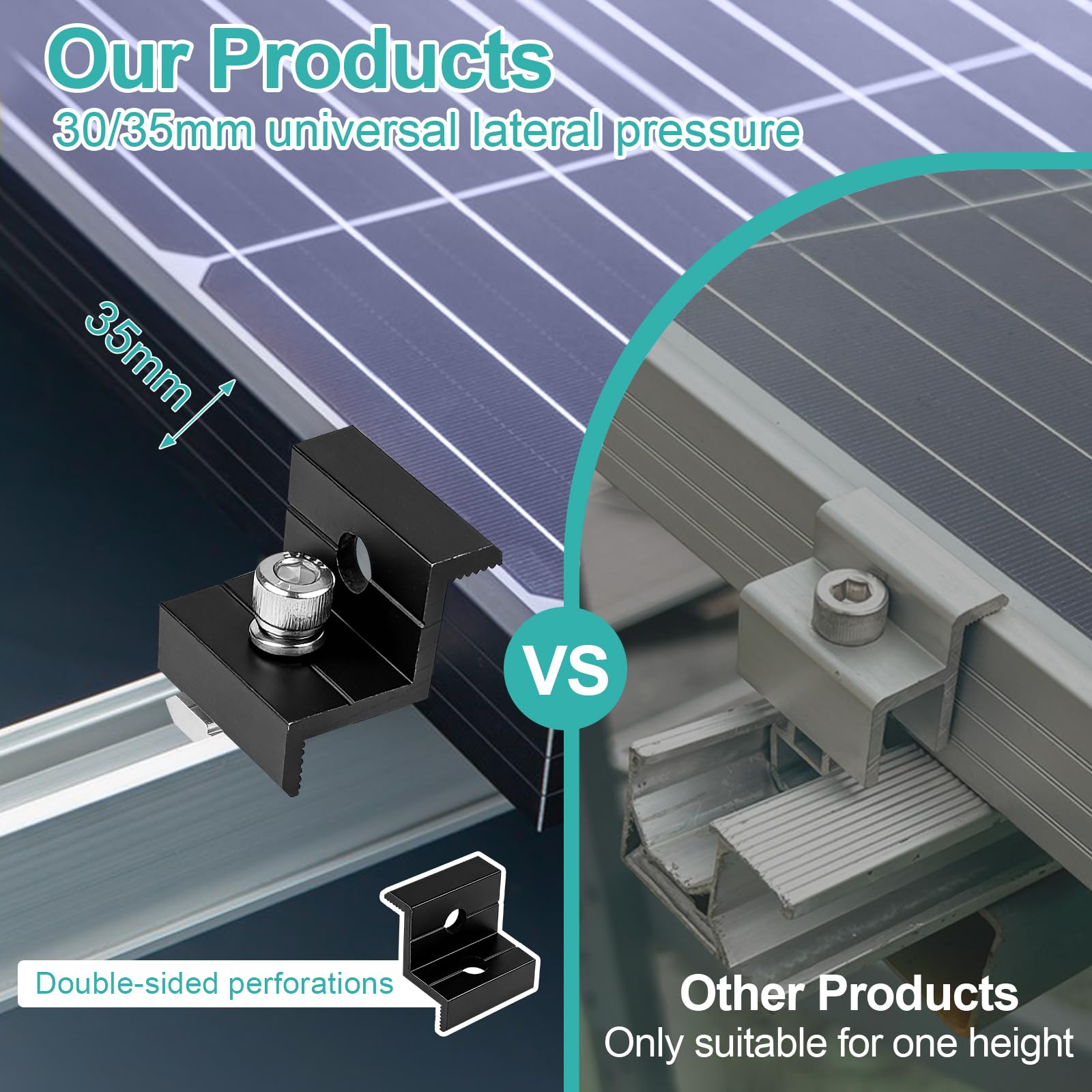 EXLECO Kit de 12 Support Panneau Solaire 30-35mm, Fixation Panneaux Solaires Photovoltaïque en Aluminium pour Rail, 6 Pinces Centrales en T et 6 Pièces d'Extrémité en Z, PV Pince de Toit, Noir