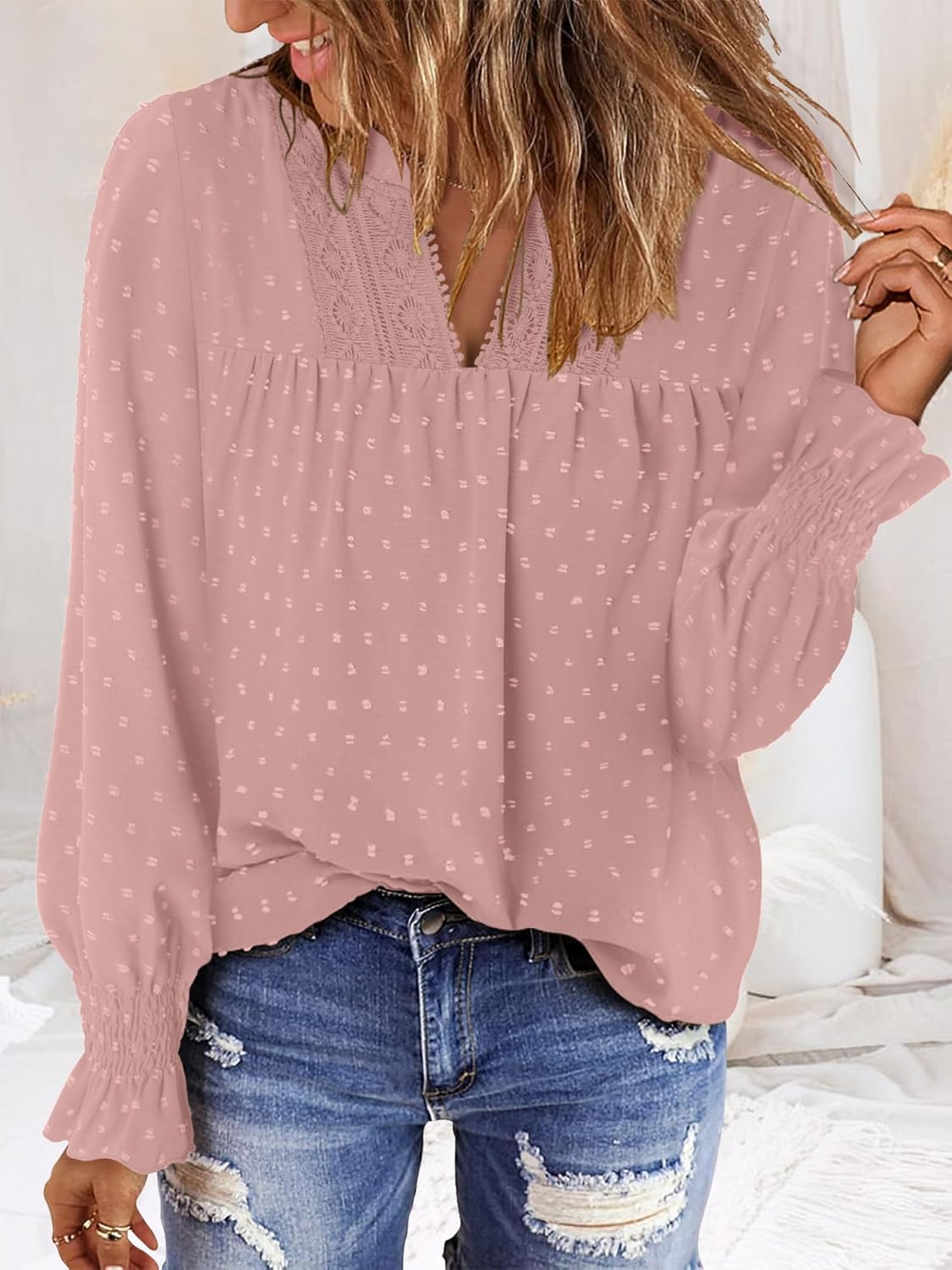 BETTE BOUTIK Women Boho Long Sleeve Shirts Dressy Casual V Neck Fall Fashion Tops Swiss Dot Flowy Blouses - Image 2