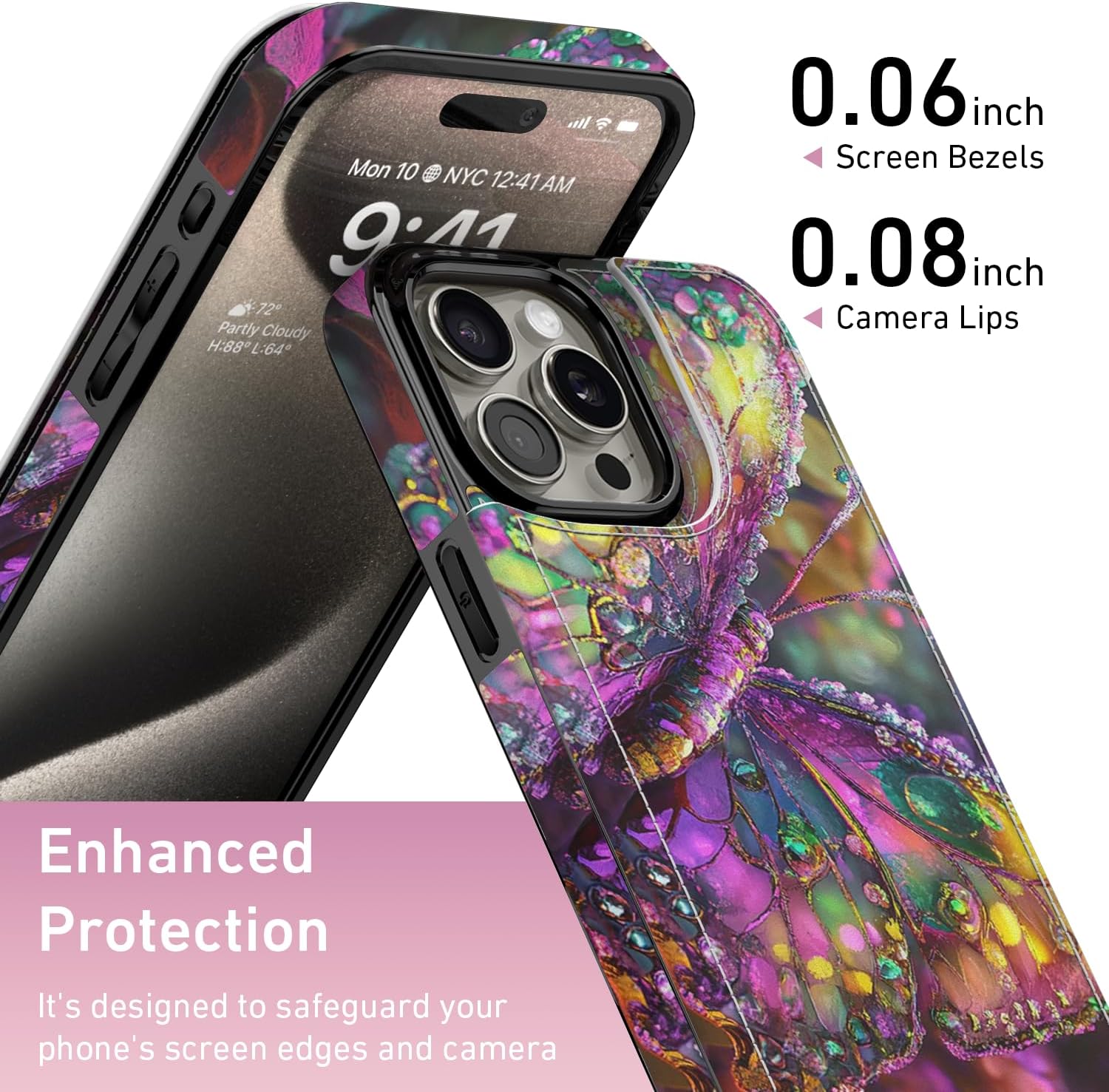 FUNMIKO for iPhone 15 Pro Max Wallet Case with Card Holder, RFID-Blocking, Military-Grade Protection & UV-Printed Artwork, Magnetic Closure with Leather Kickstand - Vibrant Elegant Butterfly - Image 3