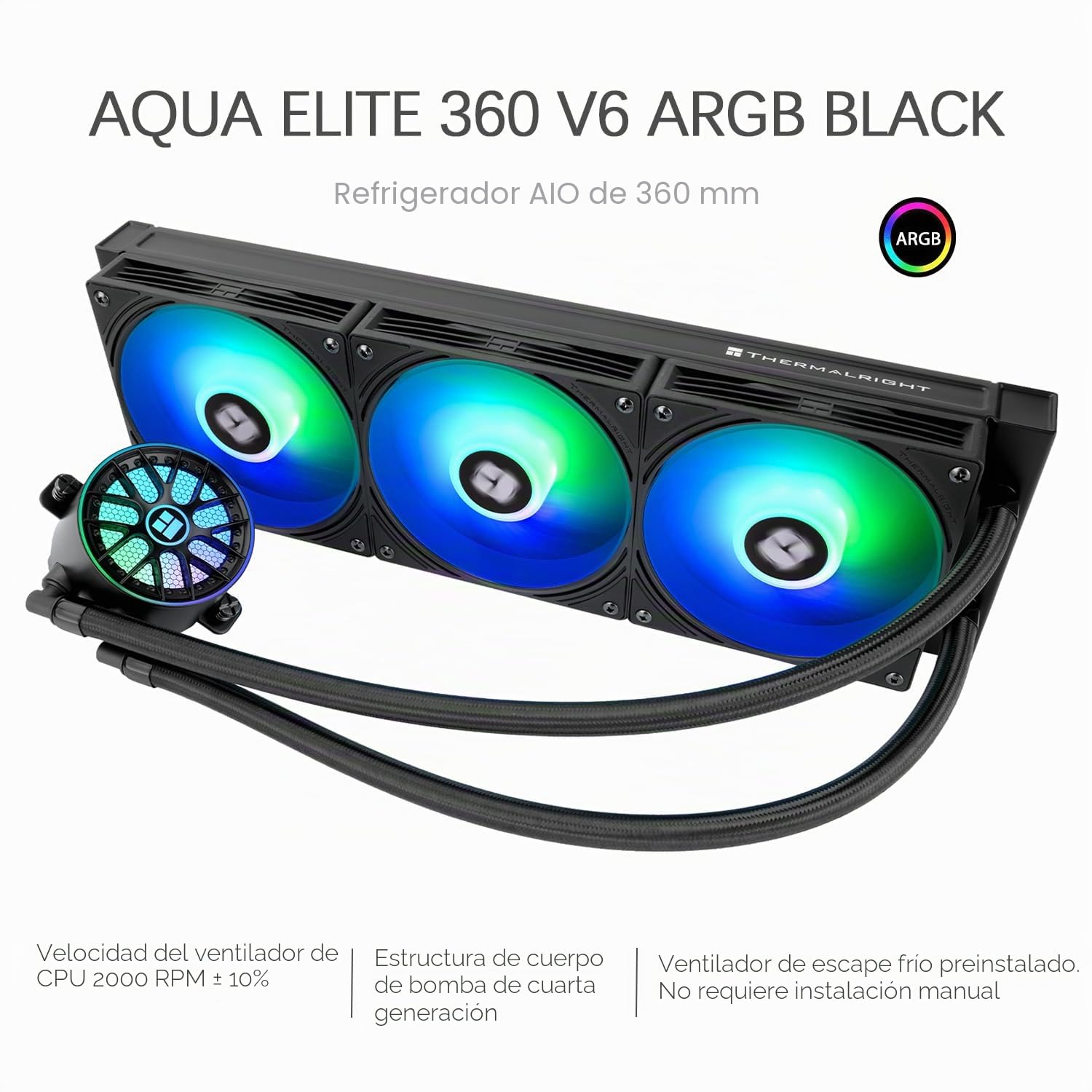 TR-Thermalright AQUA Elite 360 V6 ARGB Black Liquid CPU Cooler de CPU, enfriamiento Aio de 360 mm, Ventilador de 3 PWM-ARGB, para AM4/AM5, Intel LGA1851/1700/115x/1200 (negro)