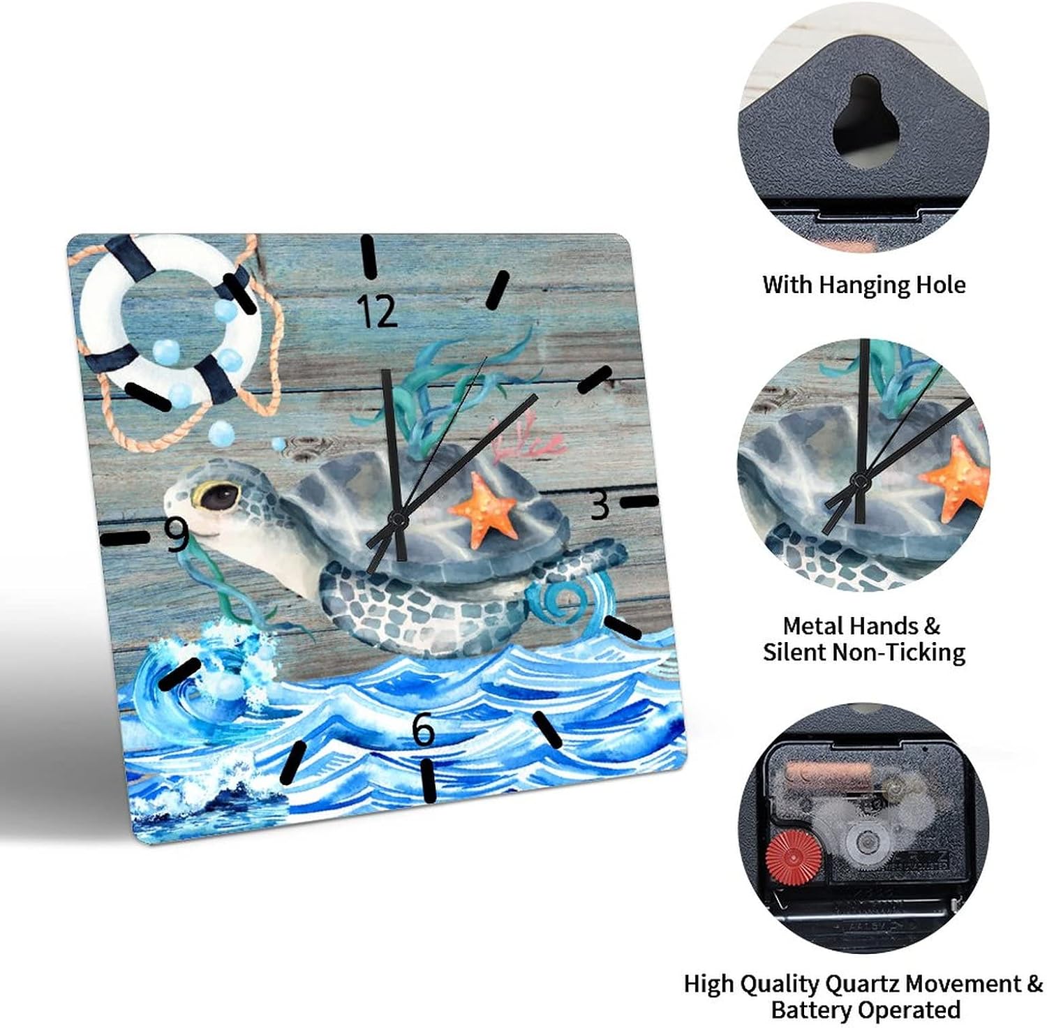 Cute Sea Turtle Hanging Clock Blue Ocean Waves Wood Wall Clock 12in Sea Creatures Clock Whisper Quiet Battery Operated Popular Wall Decor for Shelf Bathroom Homeschool Bar image 5