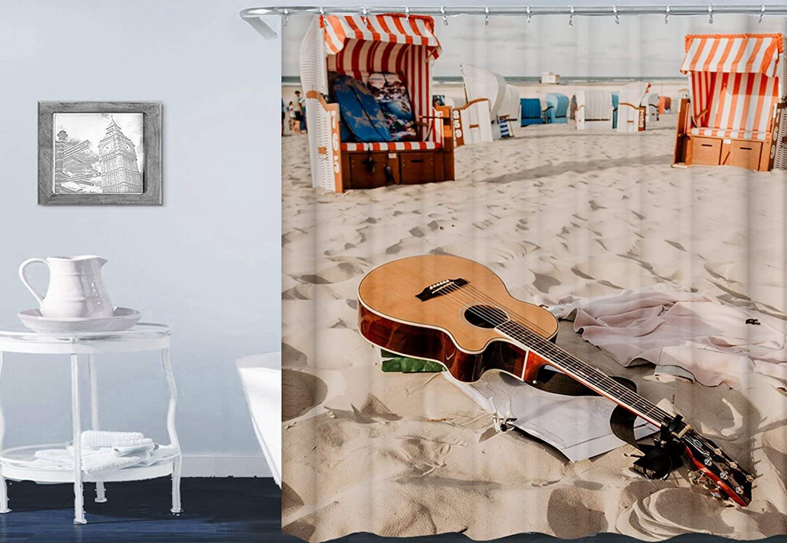 NODATE Muziek Thema Douchegordijn 200x200 cm Muziek Thema 3D Gedrukt Strand Gitaar Douchegordijnen Voor Badkamer Waterdicht Polyester Anti Mould Badgordijn met Haken