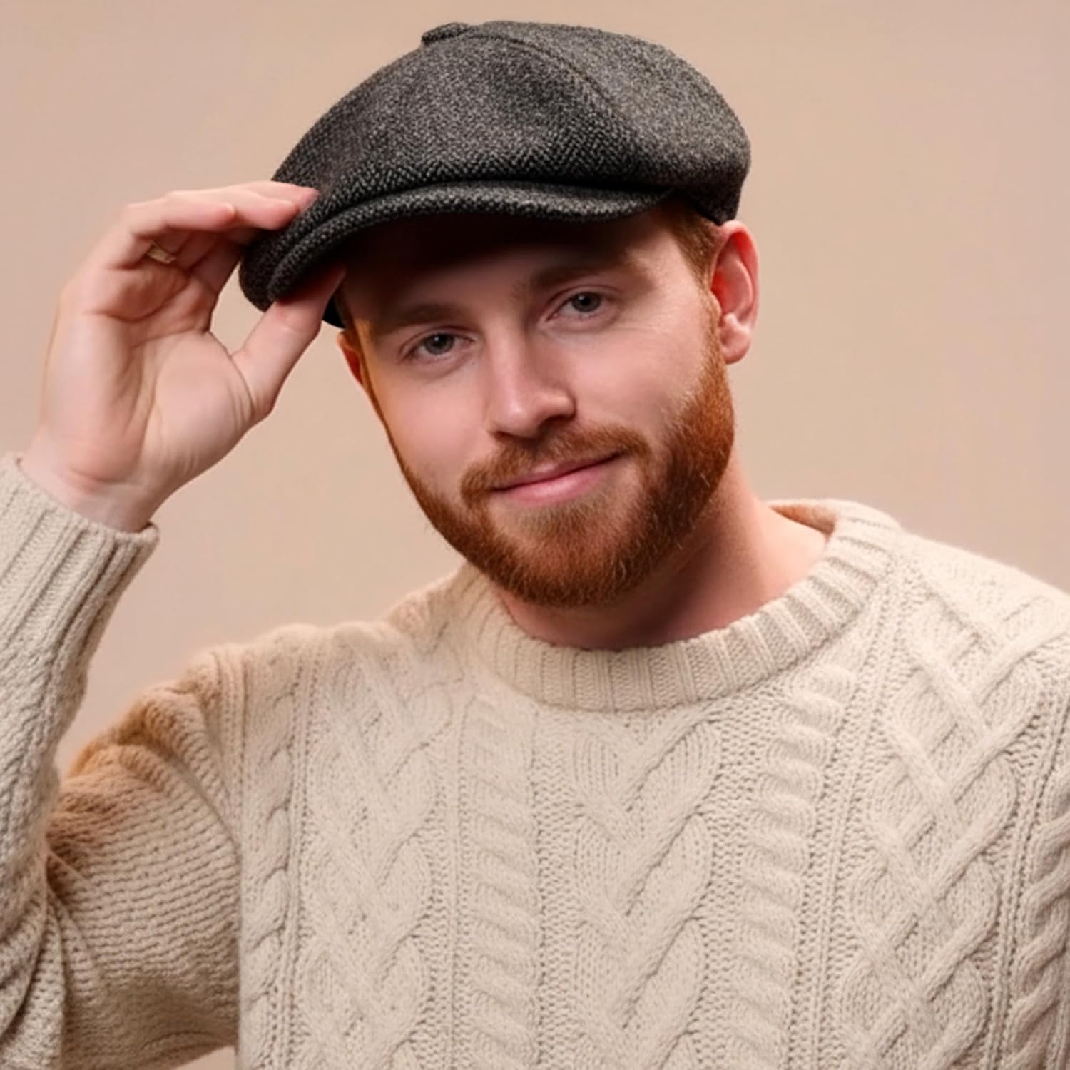 Biddy Murphy, Men's Irish Donegal Tweed Cap, Wool Newsboy Flat Cap Traditional 8 Piece, Button Fastening, Herringbone - Image 3