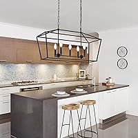 Vista 2 de Lámpara de araña lineal de isla de cocina de 5 luces, gran casa de campo, color negro, colgante para comedor, sobre mesa, lámpara colgante de farol