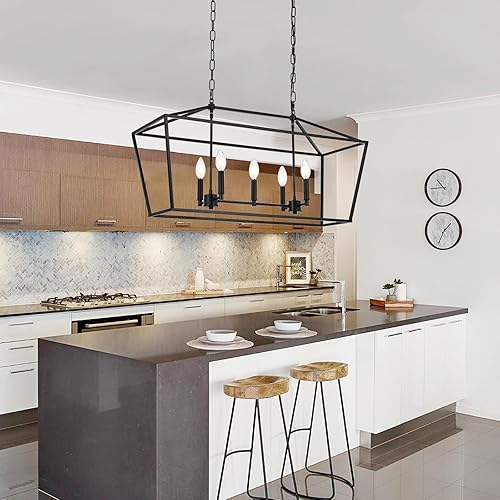 Miniatura 2 de Lucidce Lámpara de araña lineal de isla de cocina de 5 luces, gran casa de campo, color negro, colgante para comedor, sobre mesa, lámpara colgante
