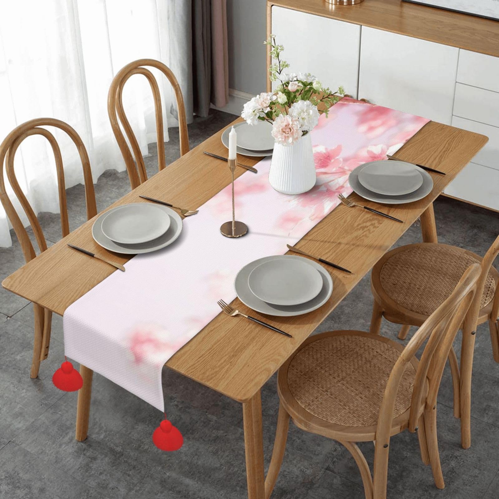 Chemin de table en lin cerises roses 35x152 cm pour mariage
