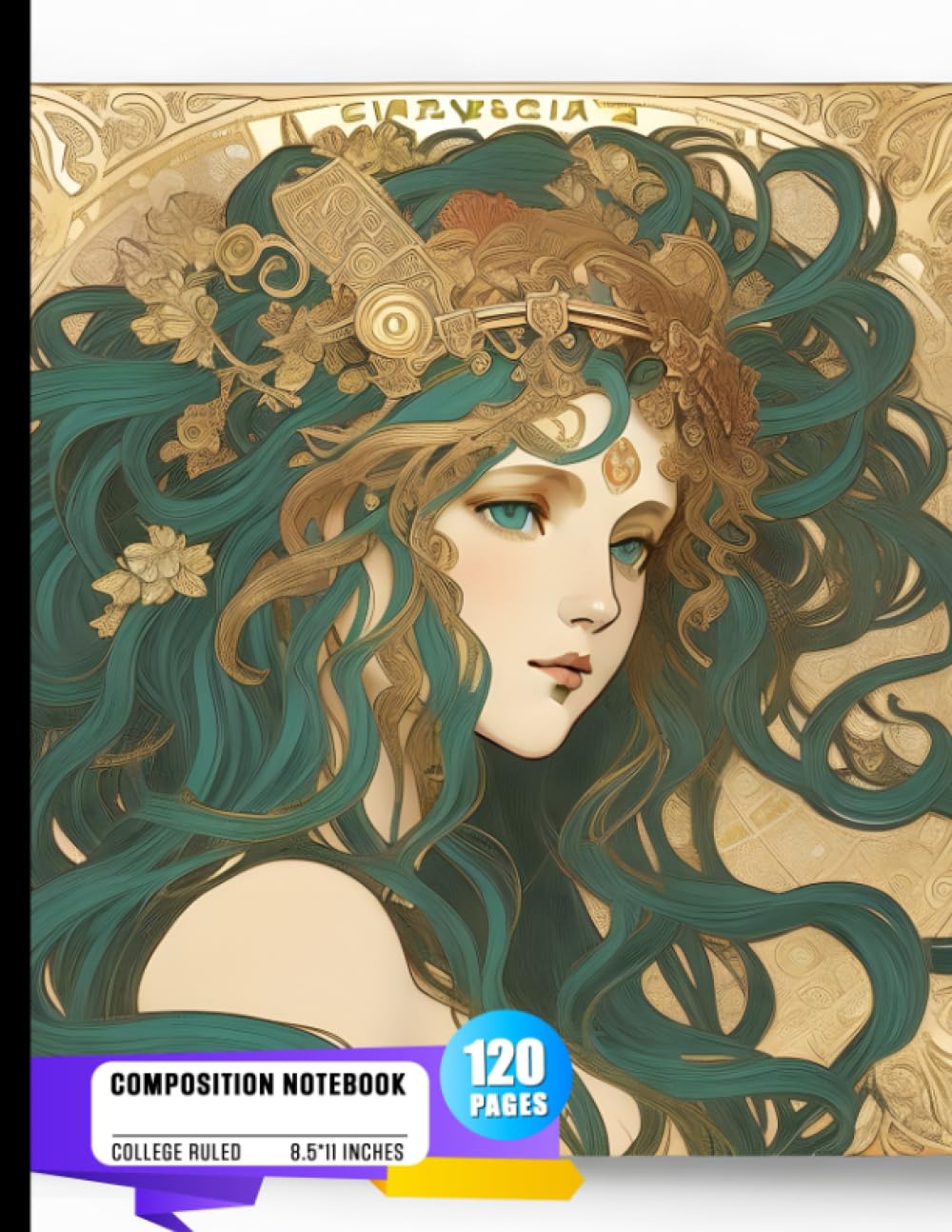Composition Notebook College Ruled: Greek Venice Medusa in the Style of Alphonse Mucha, Art Nouveau Inspired, Gold Border, Symmetrical Design, Copper,