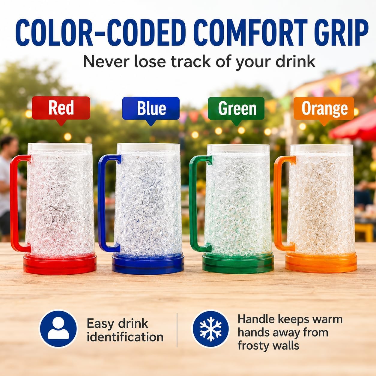 16oz Freezable Beer Mugs with Gel - Set of 4 Double Wall Insulated Frosty Steins - Shatterproof Acrylic Drinking Glasses with Color-Coded Handles for BBQ, Tailgating & Gifting