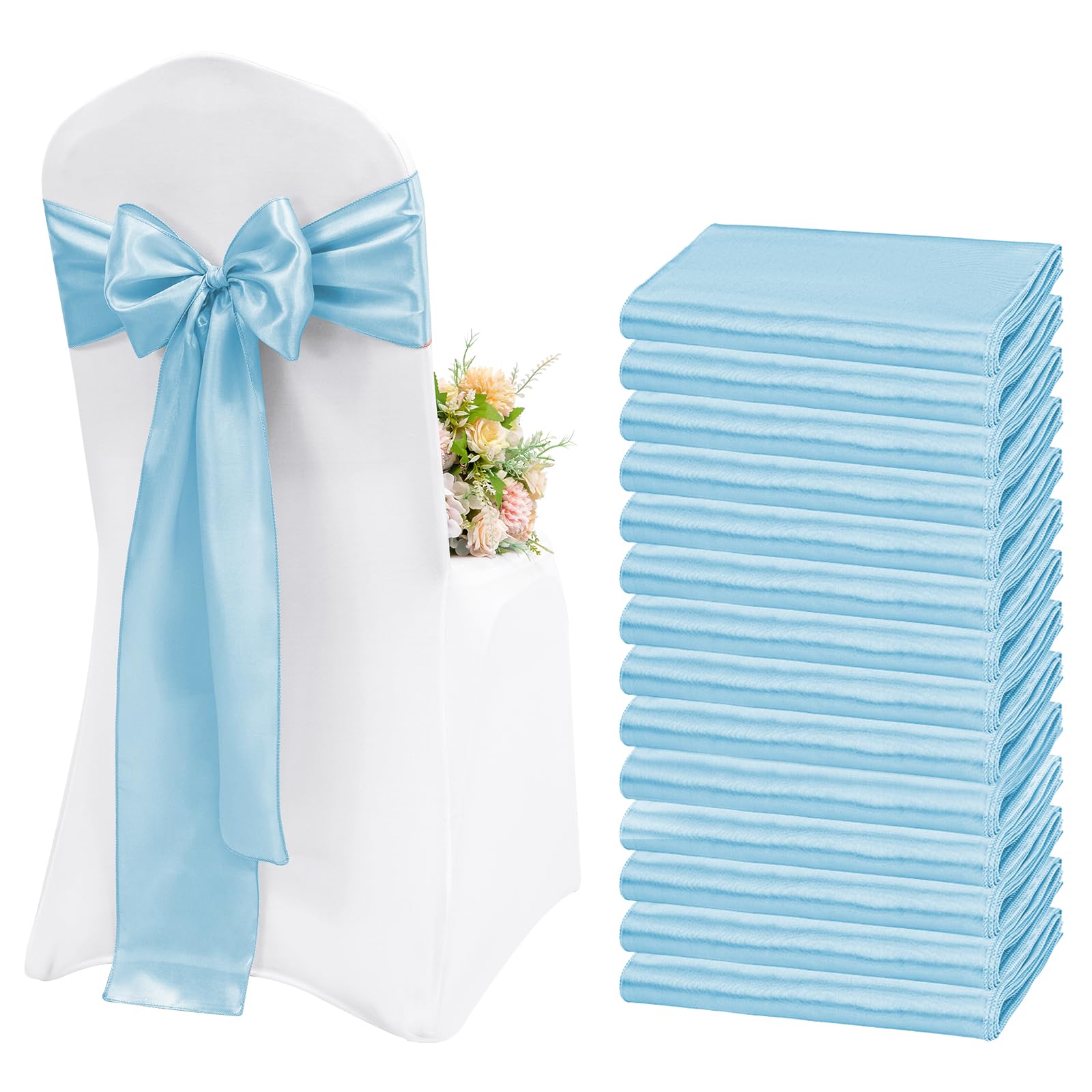 Lykoow 60 Pcs Light Blue Chair Sashes Satin Chair Bows Sashes for Party, Hotel, Wedding, Reception, Restaurant Event Decoration (7 x 108 inch) — image 1