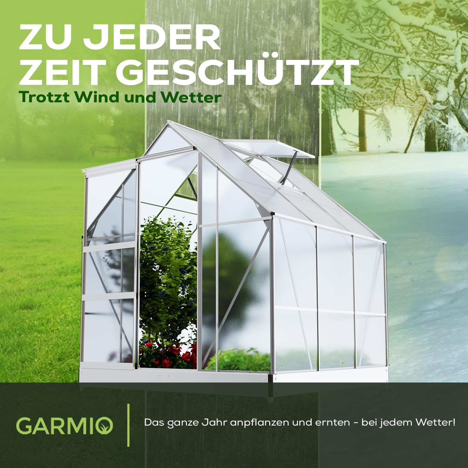 GARMIO® Gewächshaus Cuneo 190x190cm für den Garten, Alu Frühbeet inklusive Fundament, 2 Dachfenster Treibhaus Aufzucht Pflanzenhaus Tomatenhaus 3,7m² UV-Schutz