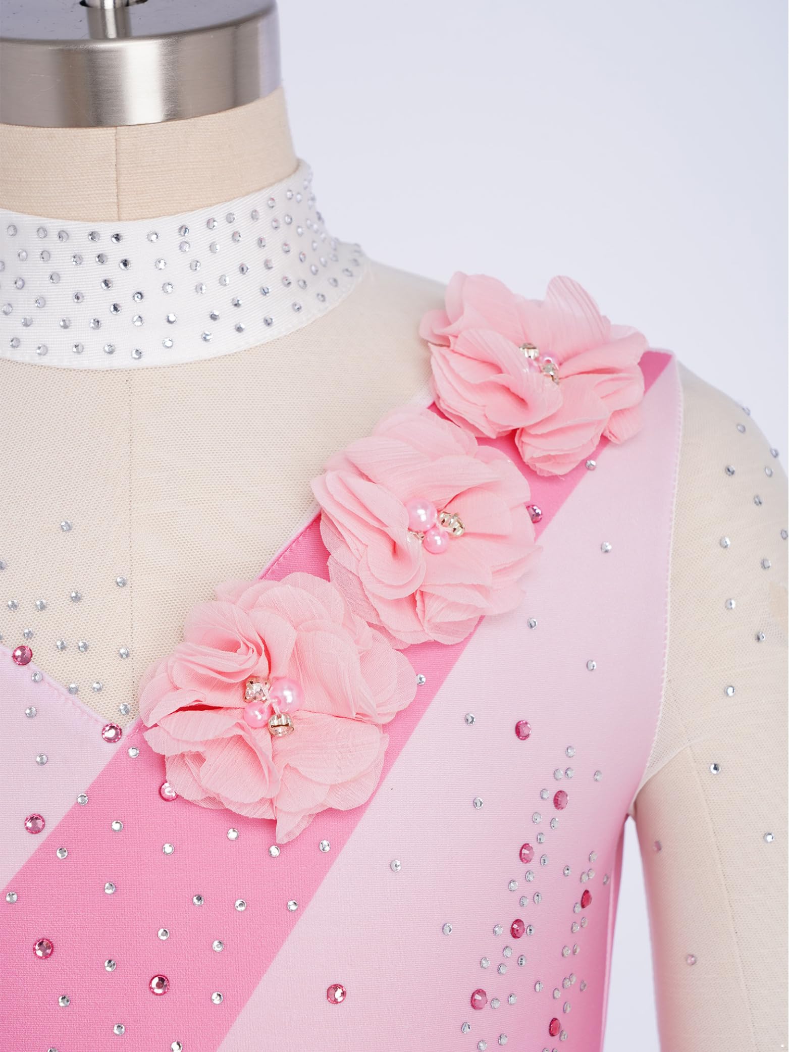 Vestito Pattinaggio Artistico Ragazza Strass Fiore Body Ginnastica Manica Lunga Leotard Balletto Danza