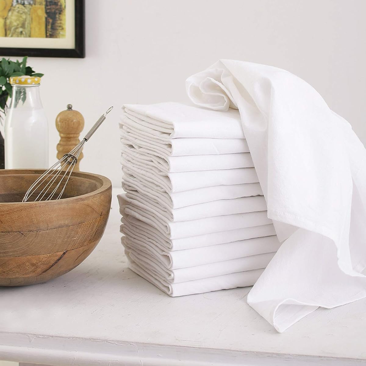 Toallas de Saco de Harina 100% Algodón – Paquete de 12, 27x27 Pulgadas, Blanco, Sin Pelusa, Prelavado, Bordes con Dobladillo – Toallas de Cocina Reutilizables para Limpieza, Bordado, Estampado y Manualidades - Blanco
