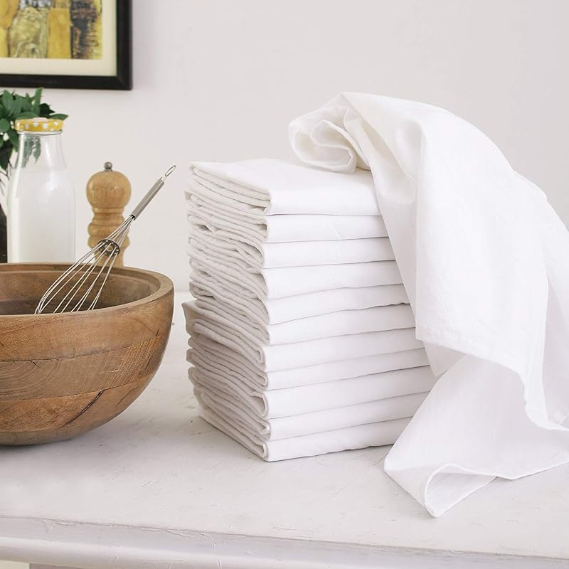 100% Cotton Flour Sack Towels – 12 Pack, 27x27 Inches, White, Lint-Free, Pre-Washed, Hemmed Edges – Reusable Kitchen Towels for Cleaning, Embroidery, Printing & Crafts - White