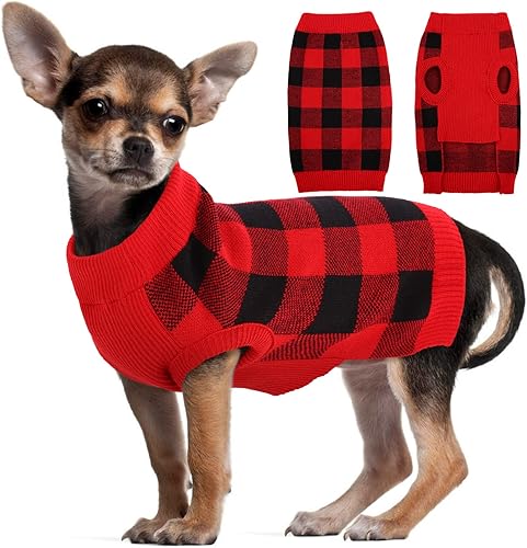 Miniatura 12 de Kuoser Suéter de punto para perro, ropa clásica de punto trenzado a cuadros, ropa de cuello alto para cachorros para clima frío para perros pequeños