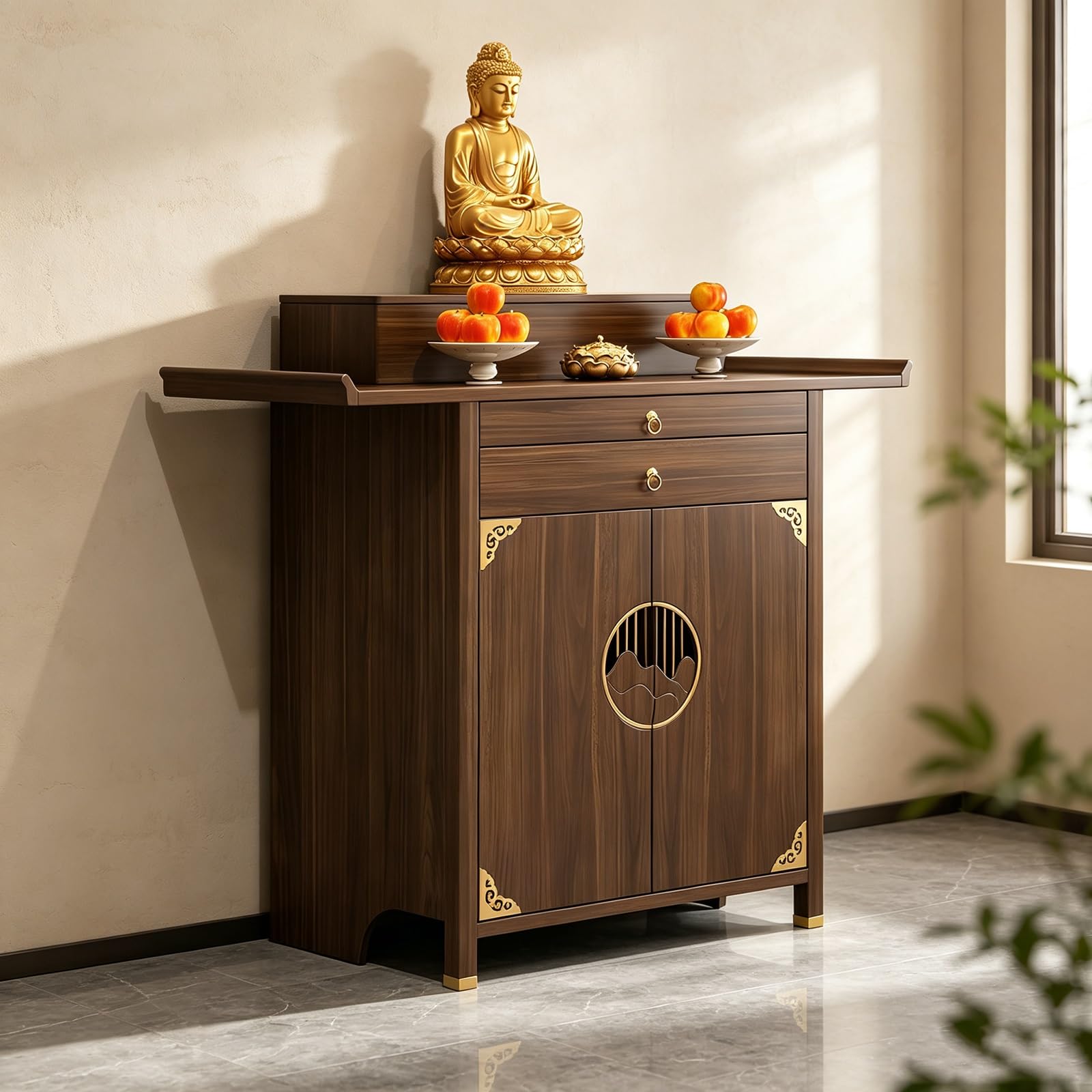 Massiver Holz-Altartisch mit Aufbewahrung, Meditationstisch und Pooja-Schrank für den Heimgebrauch, langlebiges Design, ideal für spirituelle Praktiken, 128 cm / 50.4in