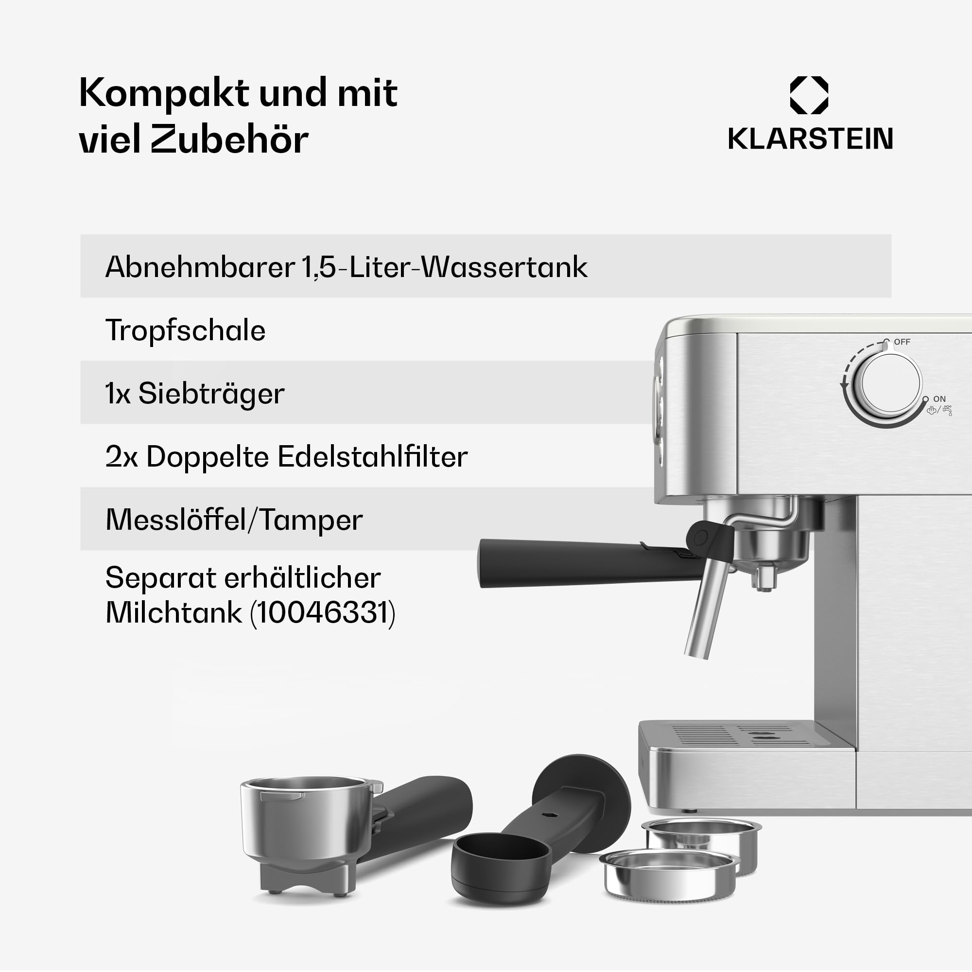 Klarstein SteelPresso Siebträgermaschine – 20-Bar, 1350 W, Edelstahl, Dampf-Funktion, 1,5-L-Wassertank, Kompaktes Design, Mechanische Steuerung, Warmhalteplatte