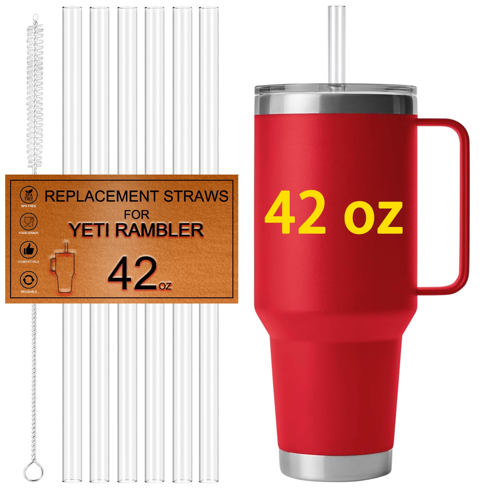 Straws for Yeti Cup 42OZ, Replacement Straw for Yeti Rambler 42 OZ Tumbler Accessories, Reusable, Hard Plastic,Tritan, Food Safe, BPA Free,Clear,6 Pack
