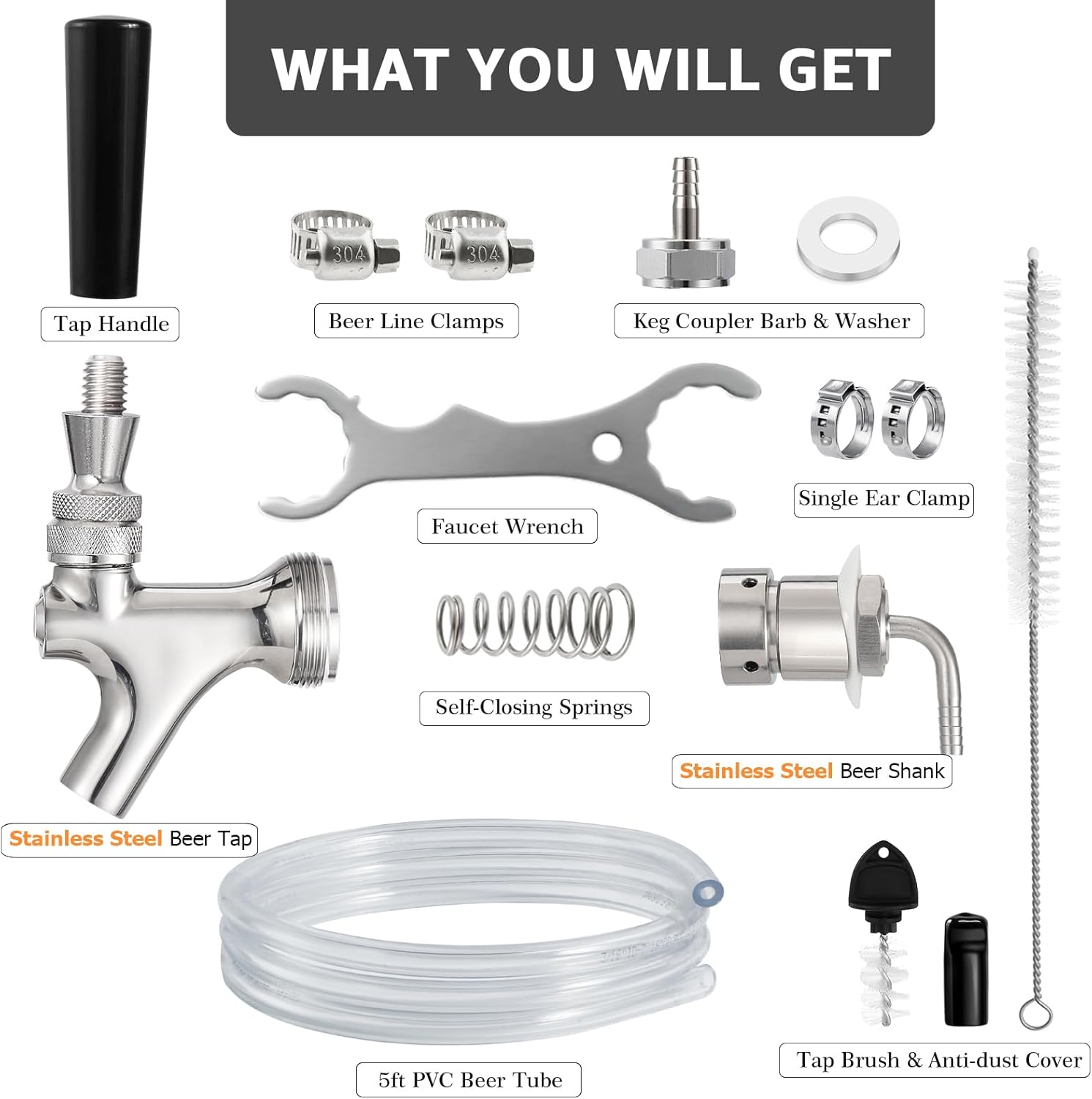 Kegerator Tap Kit Stainless Steel Beer Tap Faucet Kegerator Parts Kegerator Replacement Parts Self-Closing Beer Faucet 3/16 Beer Line Tubing Beer Line Shank Faucet Kit with Faucet Wrench