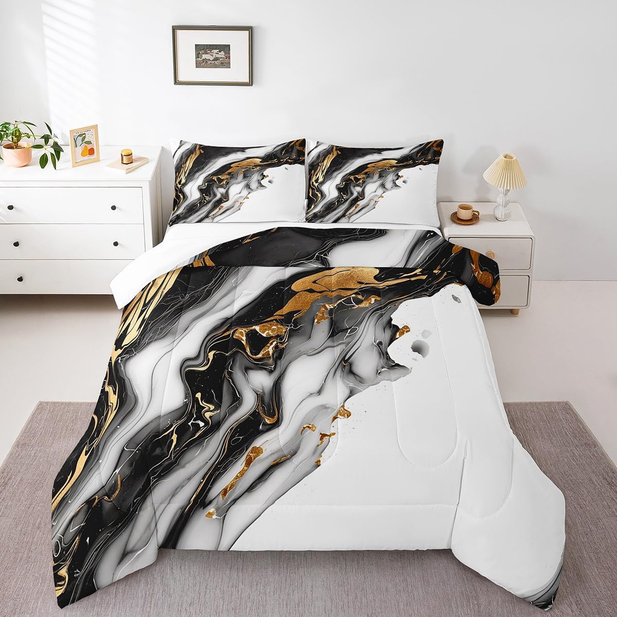 Feelyou Marble Texture Bedding Set Black White Golden Comforter Set for Kids Boys Girls Teens Ink Color Comforter Modern Marble Aesthetic Duvet Set 3Pcs with 2 Pillow Case Full Size Boys