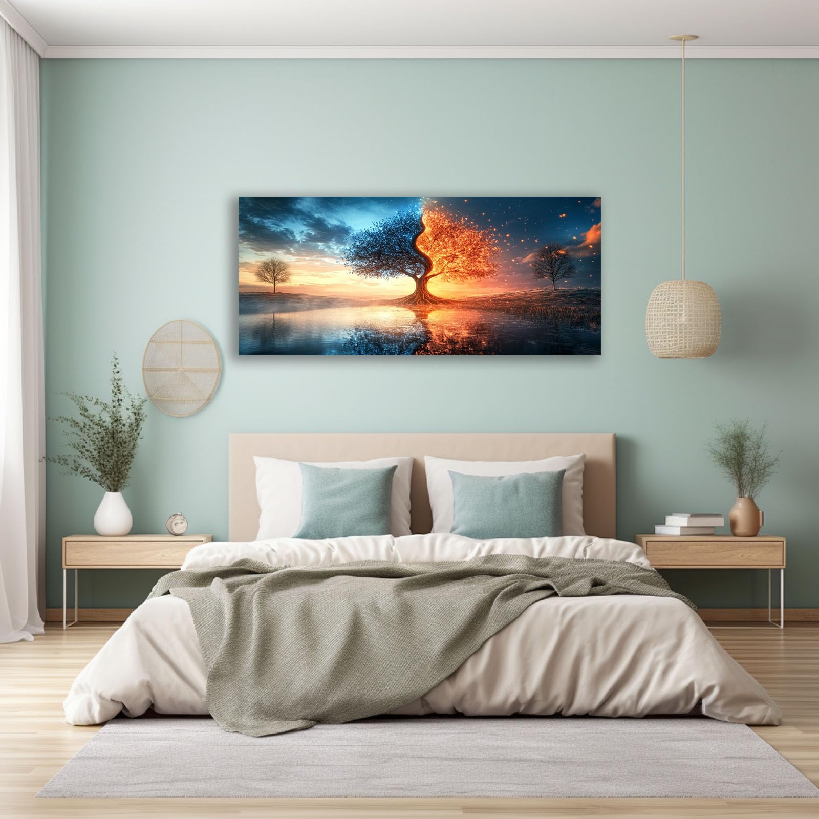 JOSUE Granatowe drzewo życia, płótno zachód słońca, nowoczesna dekoracja do salonu, sypialni - naturalne obrazy krajobrazowe (srebrne 29) - 60 x 120 cm, oprawione