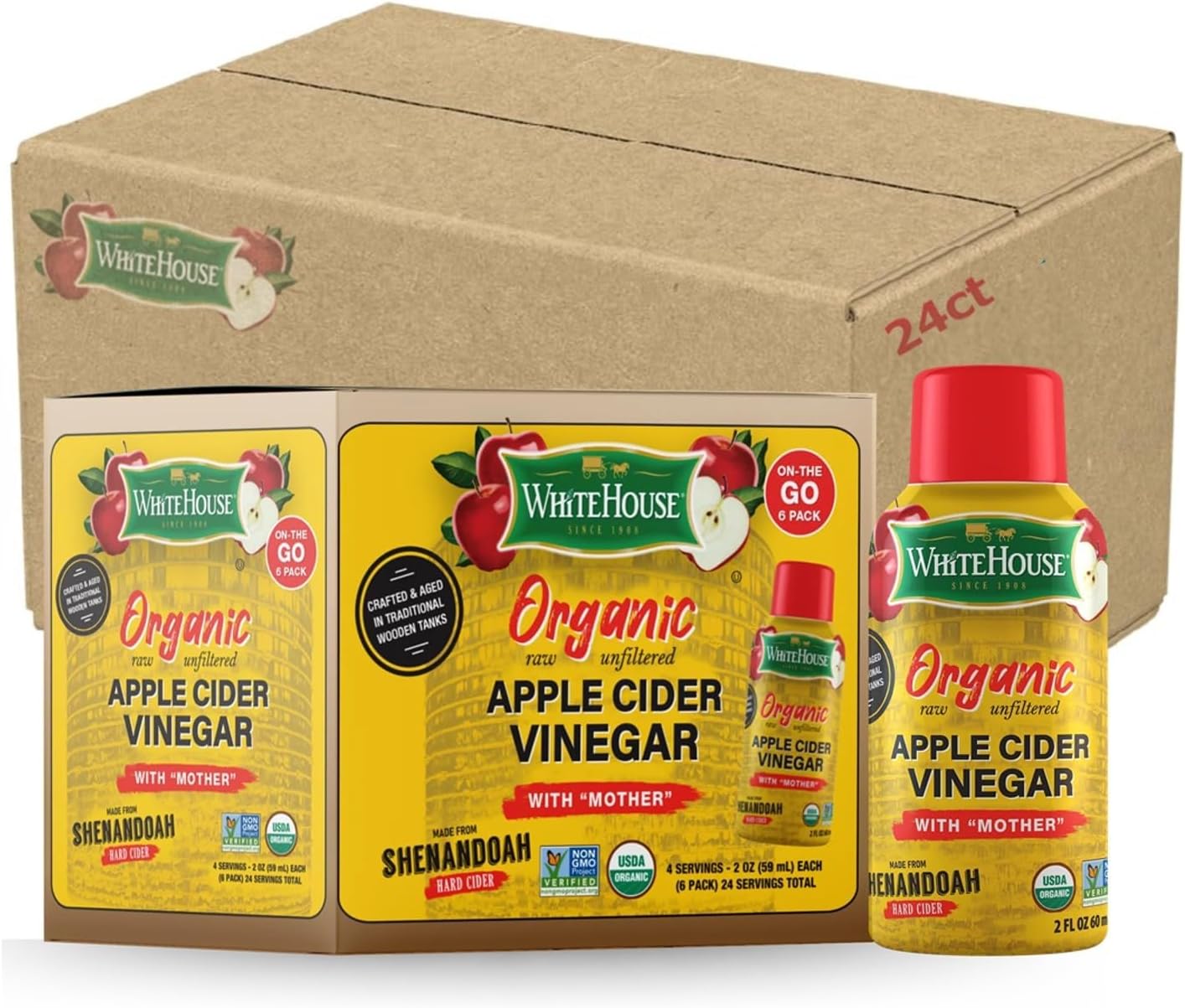 Organic Apple Cider Vinegar Shots, Raw Unfiltered, On the Go (Organic, Pack of 24)