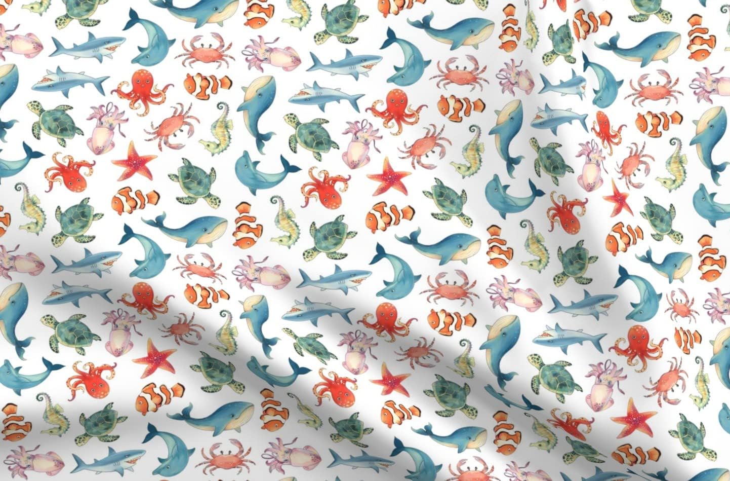 Spoonflower Fabric - Sea Animal Animals Ocean Creatures Dolphin Whale Clown Fish Turtle Printed on Minky Fabric by The Yard - Sewing Baby Blankets Quilt Backing Plush