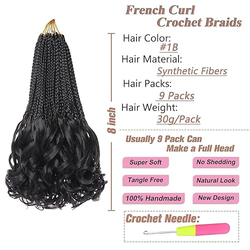 Miniatura 2 de Trenzas de ganchillo rizadas francesas de 8 pulgadas, 9 paquetes de trenzas de caja de diosa negra, cabello de ganchillo preanudado con extremos