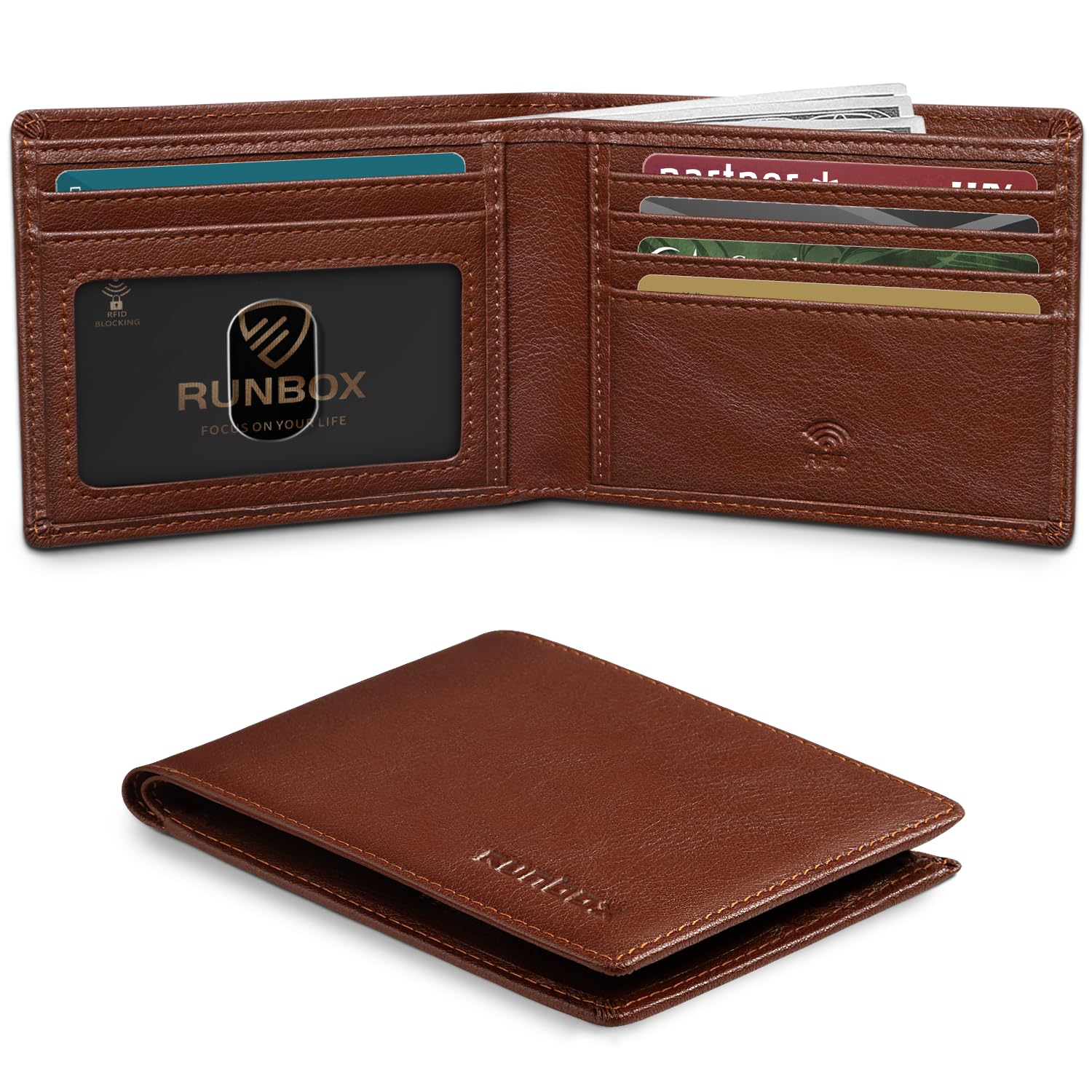 RUNBOX Wallet for Men Slim Leather Bifold RFID Blocking Minimalist Front Pocket Design with Gift Box