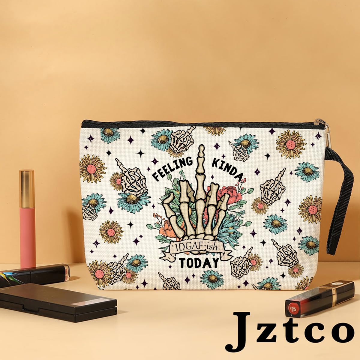 Jztco Skeleton Funny Makeup Bag Skull Gifts for Women Female Her Mom Wife Best Friend Daughter Aunt Niece Humor Sarcastic Toiletry Bag Mothers Day Graduation Birthday Gifts Floral Cosmetic Bag