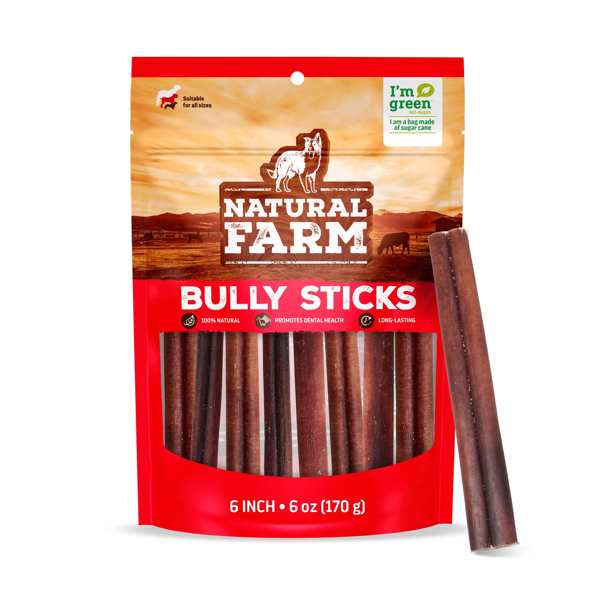 Natural Farm Odor-Free Bully Sticks (6 Inch, 6 Ounces), Packaged by Weight, 100% Beef Chews, Grass-Fed, Fully Digestible Treats to Keep Your Puppies, Small and Medium Dogs Busy