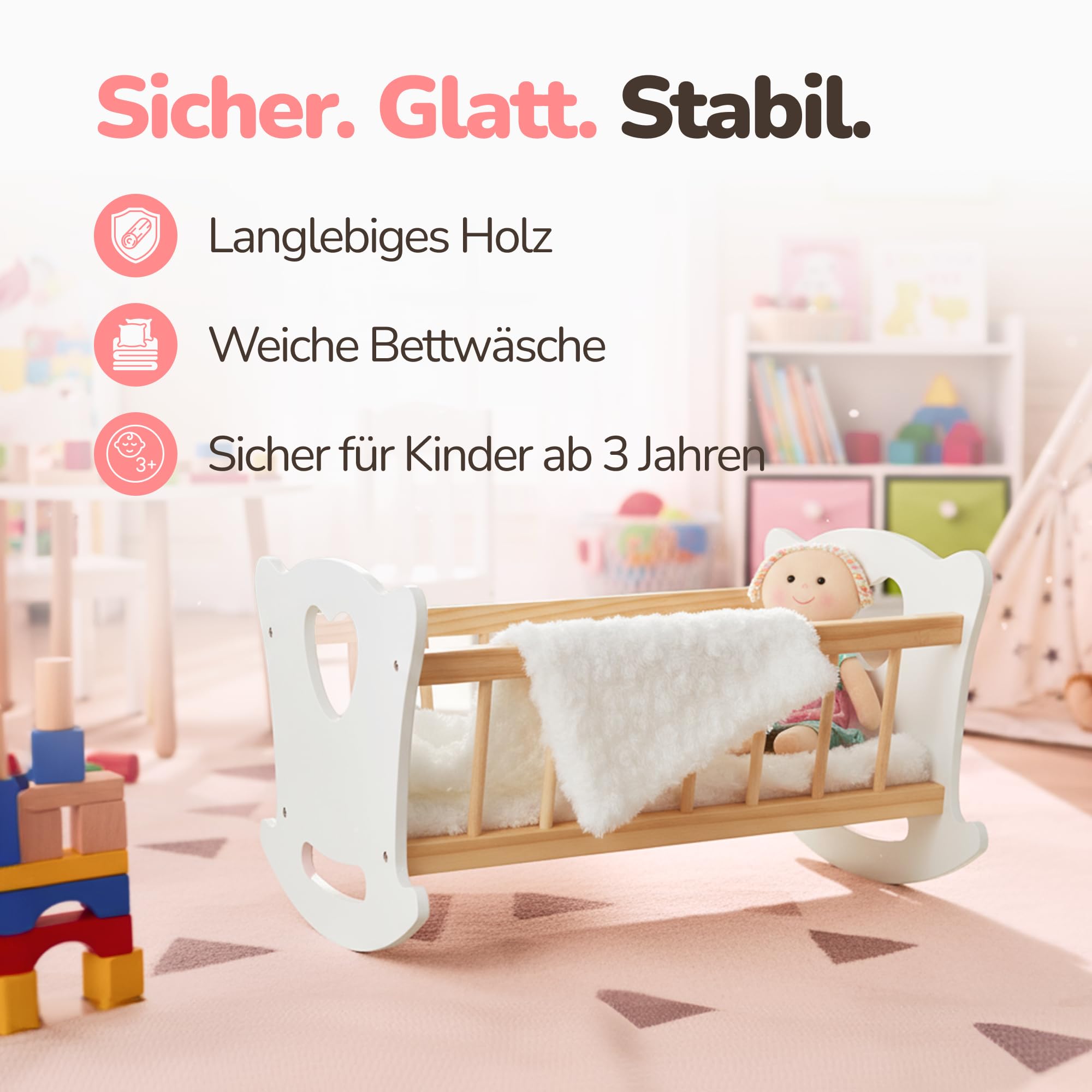 Kinderplay Łóżeczko dla Lalki, Kołyska dla lalki – Zestaw Kołyska plus Kołderka, Poduszeczka oraz Prześcieradło, dla laki o max. długości 49.5 cm., model GS2105 (GS2105)