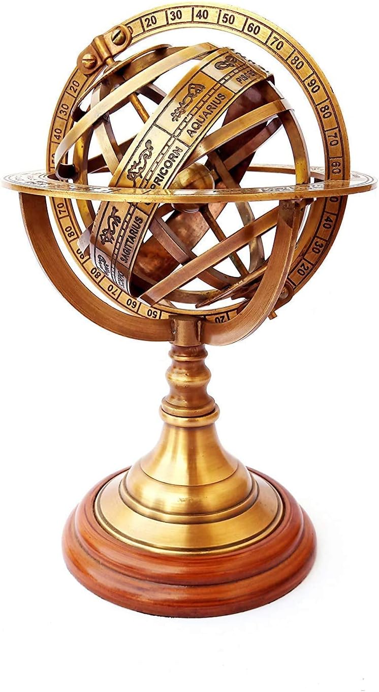 Vintage King Handmade Brass Tabletop Armillary Nautical Sphere Globe Pirate's Antique Ship Office and Home Decor (Medium, Brown)
