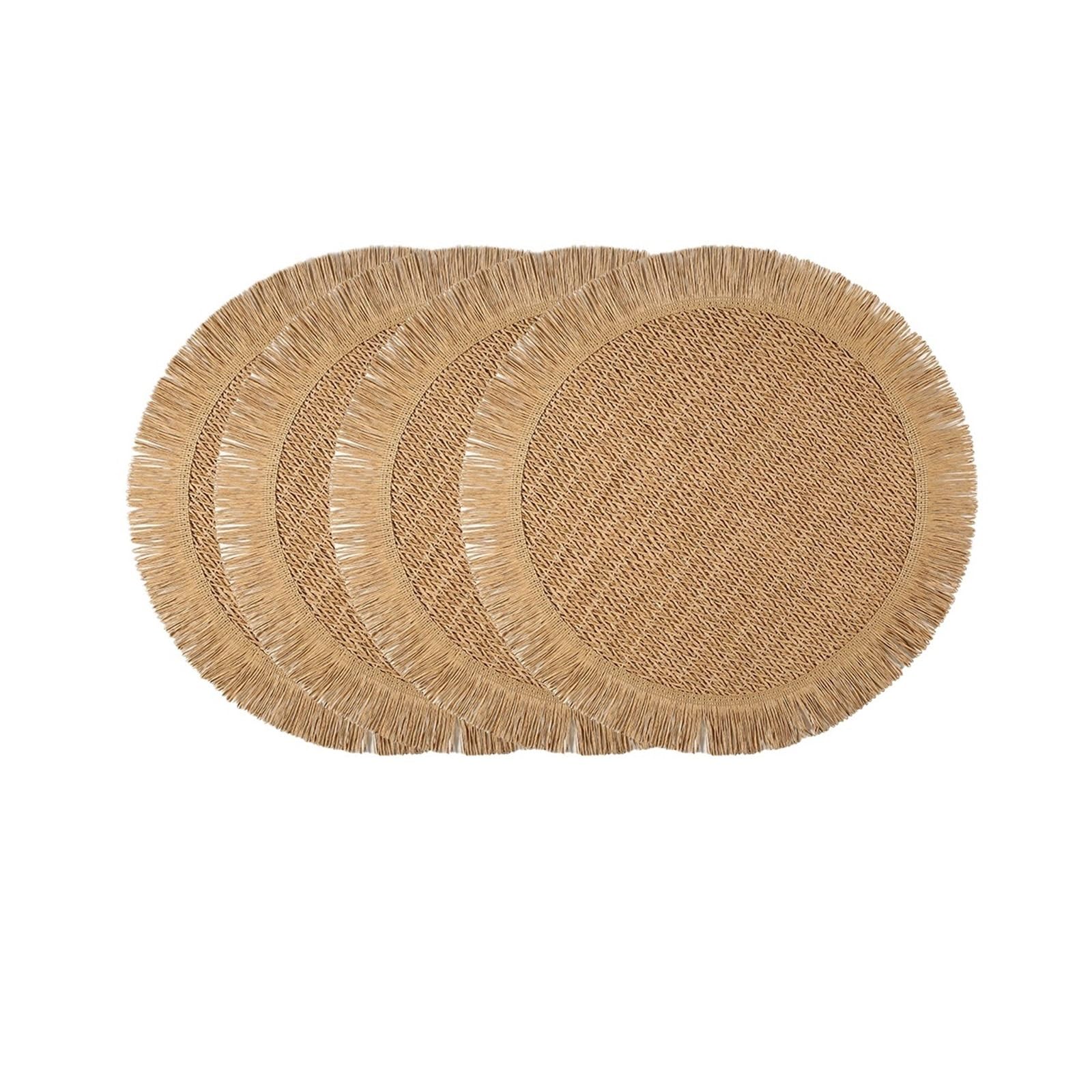 4pcs Table Round Woven Paper Placemat For Dining(Light tan)