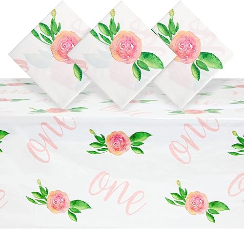 Juvale Paquete de 3 manteles para niñas, decoraciones florales para fiestas temáticas de primer cumpleaños, fundas de mesa de plástico (54 x 108