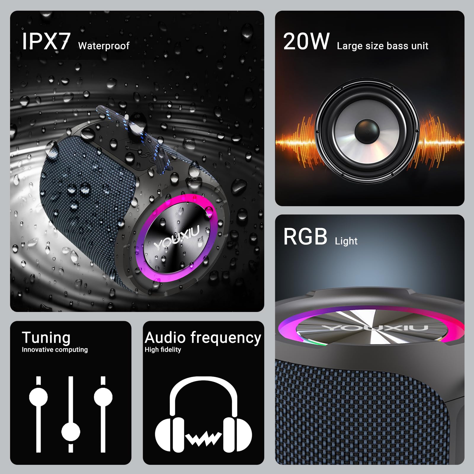 YOUXIU 40W Portable Bluetooth Speaker 360 Degree Stereo Subwoofer IPX7 Waterproof with Lighting Support TF Double Pairing Wireless Speaker