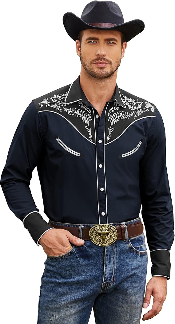 COOFANDY Men's Western Cowboy Shirt Casual Long Sleeve Button Down Cotton Shirts