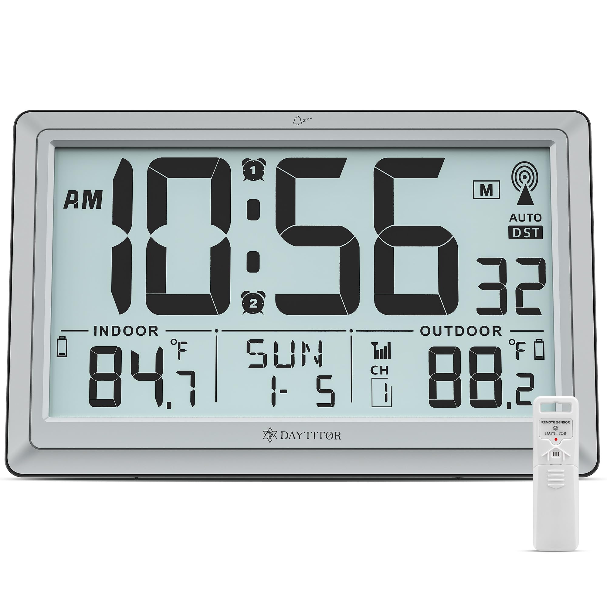 Orologio atomico con temperatura interna/esterna, orologio digitale automatico a batteria, grande display da 10,5 pollici, orologi da parete o da scrivania per camera da letto, soggiorno