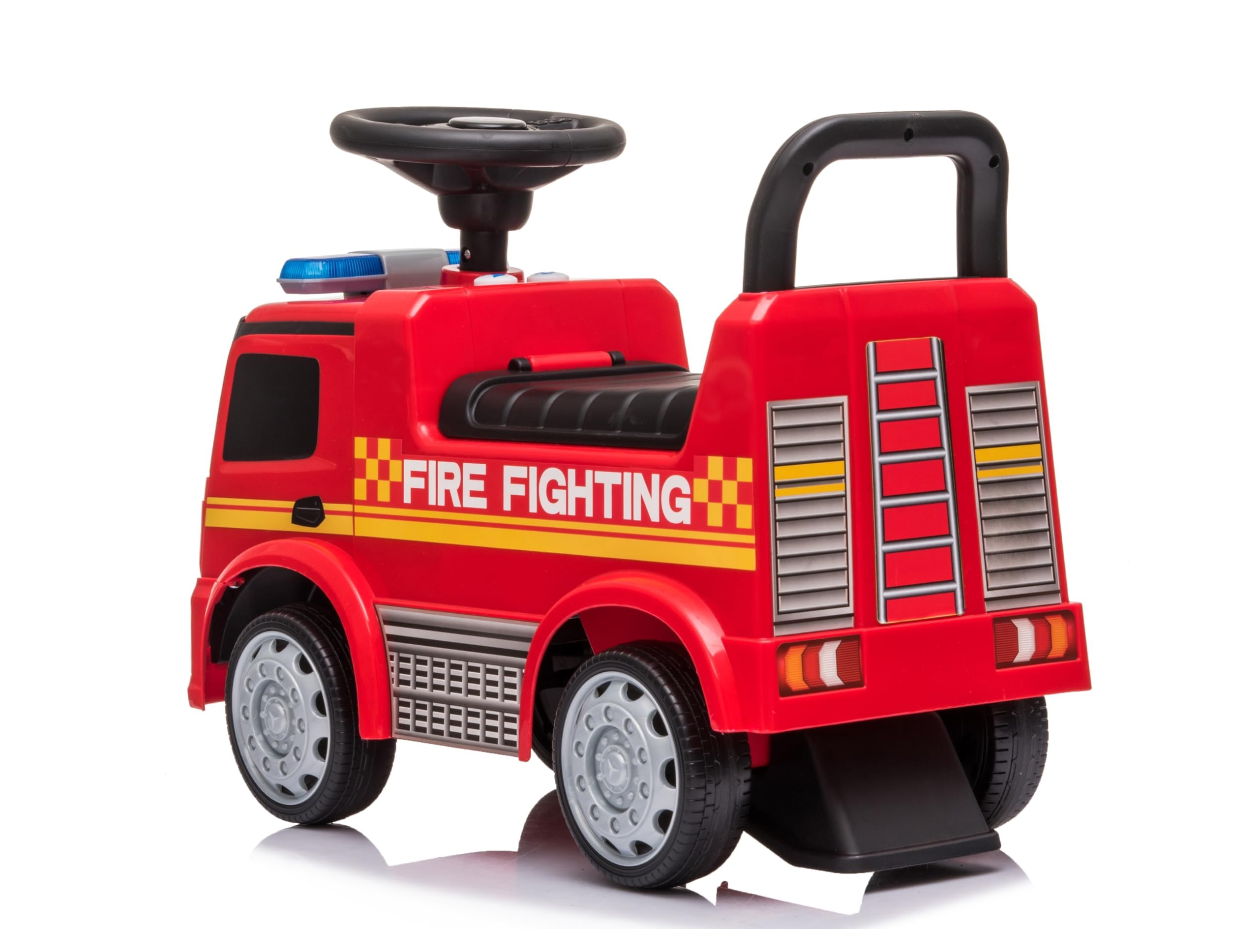 Camion Pompieri Cavalcabile Primi Passi per Bambini 1‑3 Anni con Licenza Mercedes – Sirena, Clacson, Schienale Ergonomico, Vano Portaoggetti, Antiribaltamento