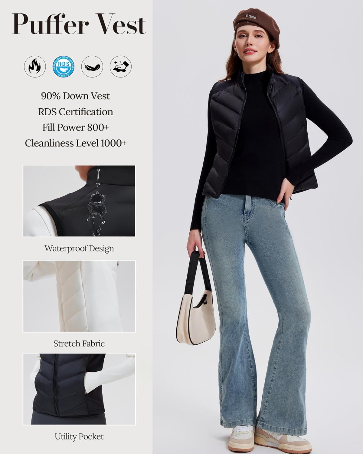 AFZ Women's Lightweight Puffer Vest 800FP Winter Down Vest Sleeveless Quilted Water Resistant Running Jacket - Image 4