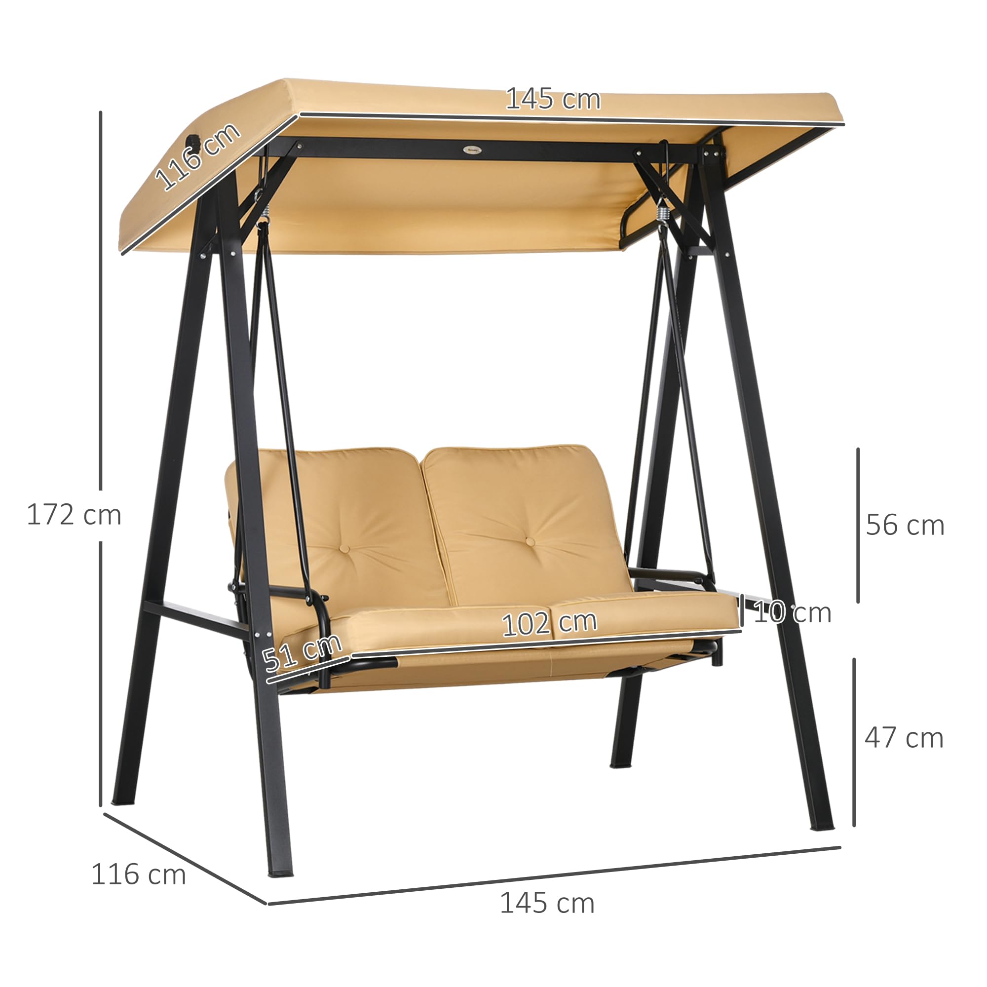 Outsunny Hollywoodschaukel 3-Sitzer Gartenschaukel mit verstellbarem Sonnendach, Schaukelbank belast bis 220kg, Gartenliege für Garten, Terrasse, 145 x 116 x 172 cm, Beige