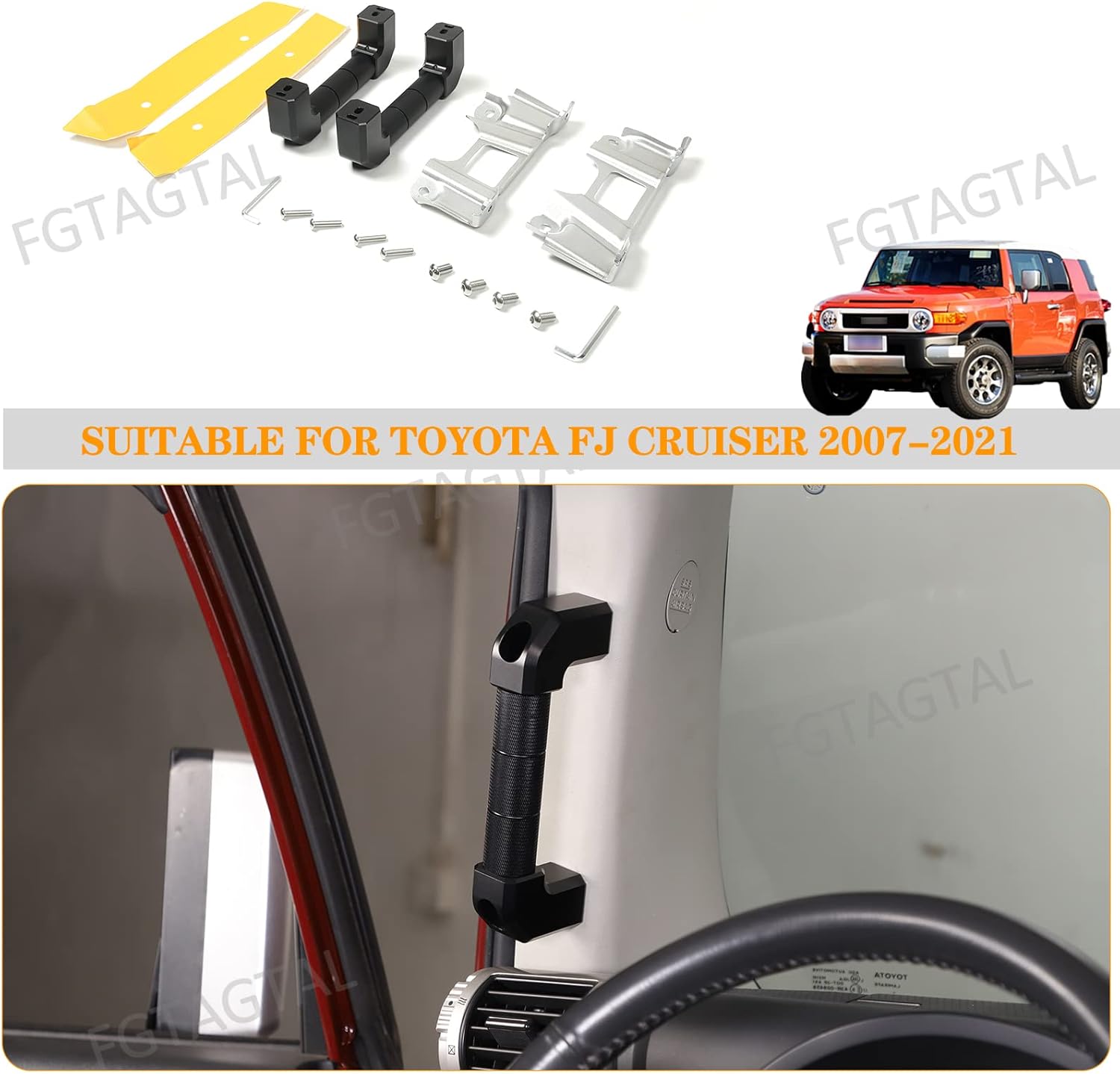 Car A-Pillar Grab Handle Replacement Compatible with Toyota FJ Cruiser 2007-2021, Side A-Pillar Grab Handle, Driver and Passenger Aluminum Interior Grab Kit, 2PCS(Black)