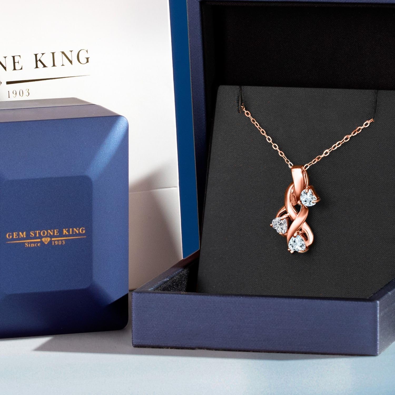 Gem Stone King 18K Rose Gold Plated Silver Lab Grown Diamond and Sky Blue Aquamarine Pendant Necklace for Women | 1.27 Cttw | Gemstone April Birthstone | Heart Shape 5MM | With 18 Inch Chain - Image 5