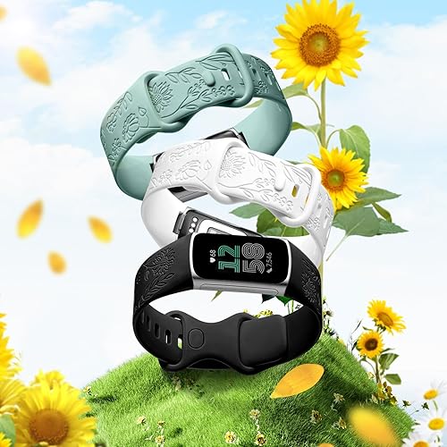 Miniatura 9 de DaQin Paquete de 3 bandas grabadas con girasol compatibles con Fitbit Charge 6Fitbit Charge 5 bandas para mujeres y hombres, correa deportiva suave