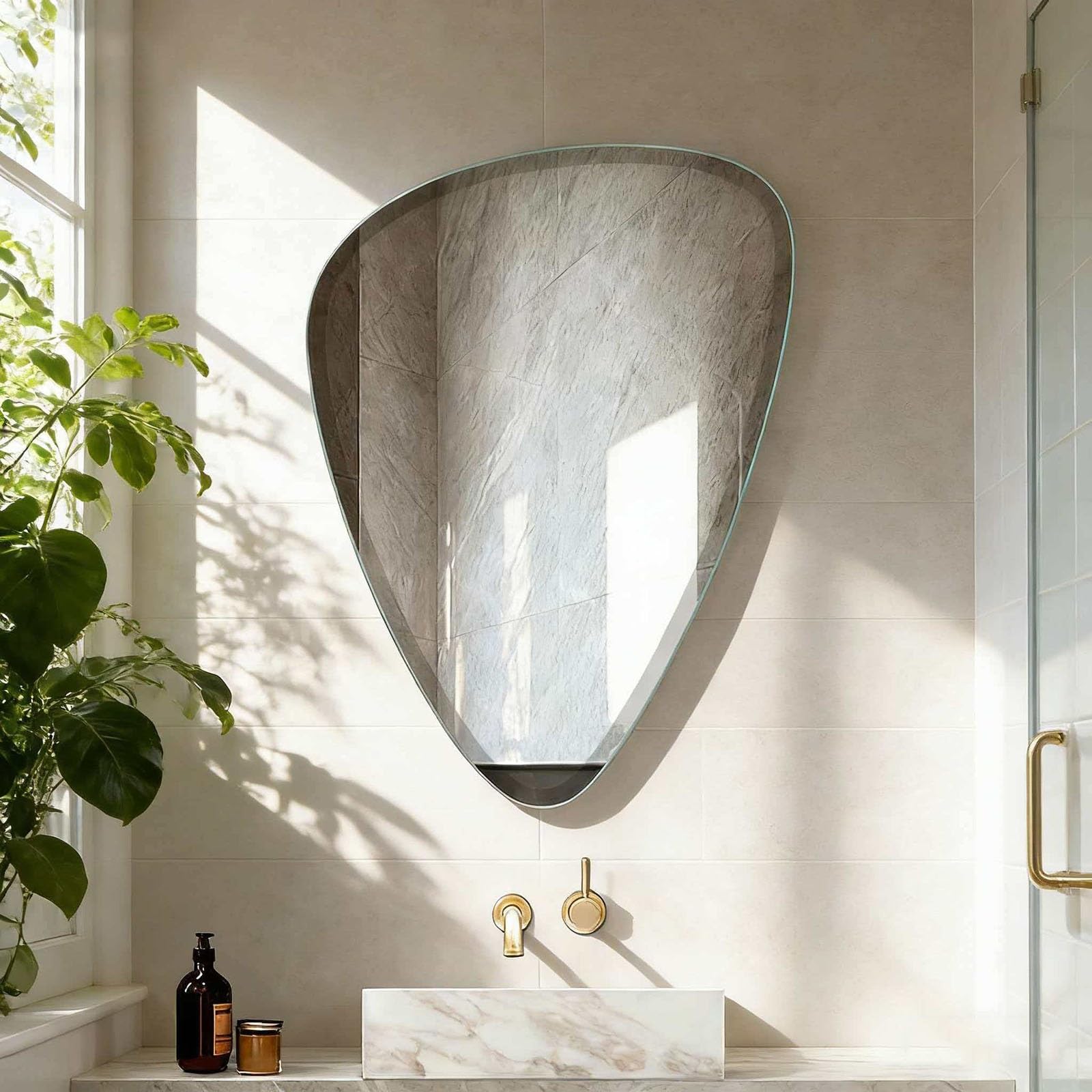 SXFSDOU Frameless Teardrop Bathroom Mirror, Beveled Polished Wall Mirror for Bedroom, Vanity and Entryway