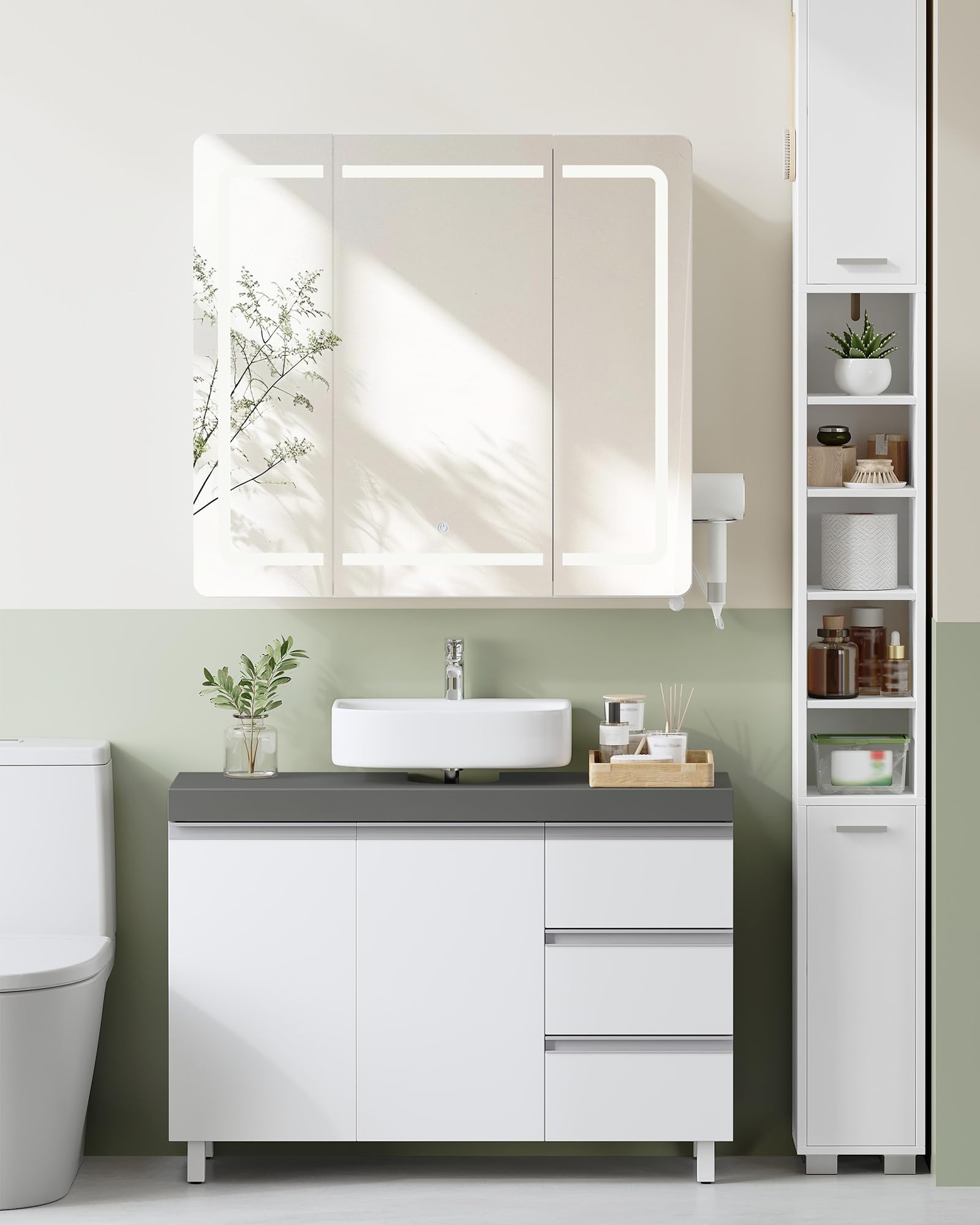 Hzuaneri Mueble Bajo Lavabo, Armario de Baño, 3 Cajones, 2 Puertas, con Pies, 30 x 90 x 64 cm, Estilo Moderno, Blanco y Gris BC29929X