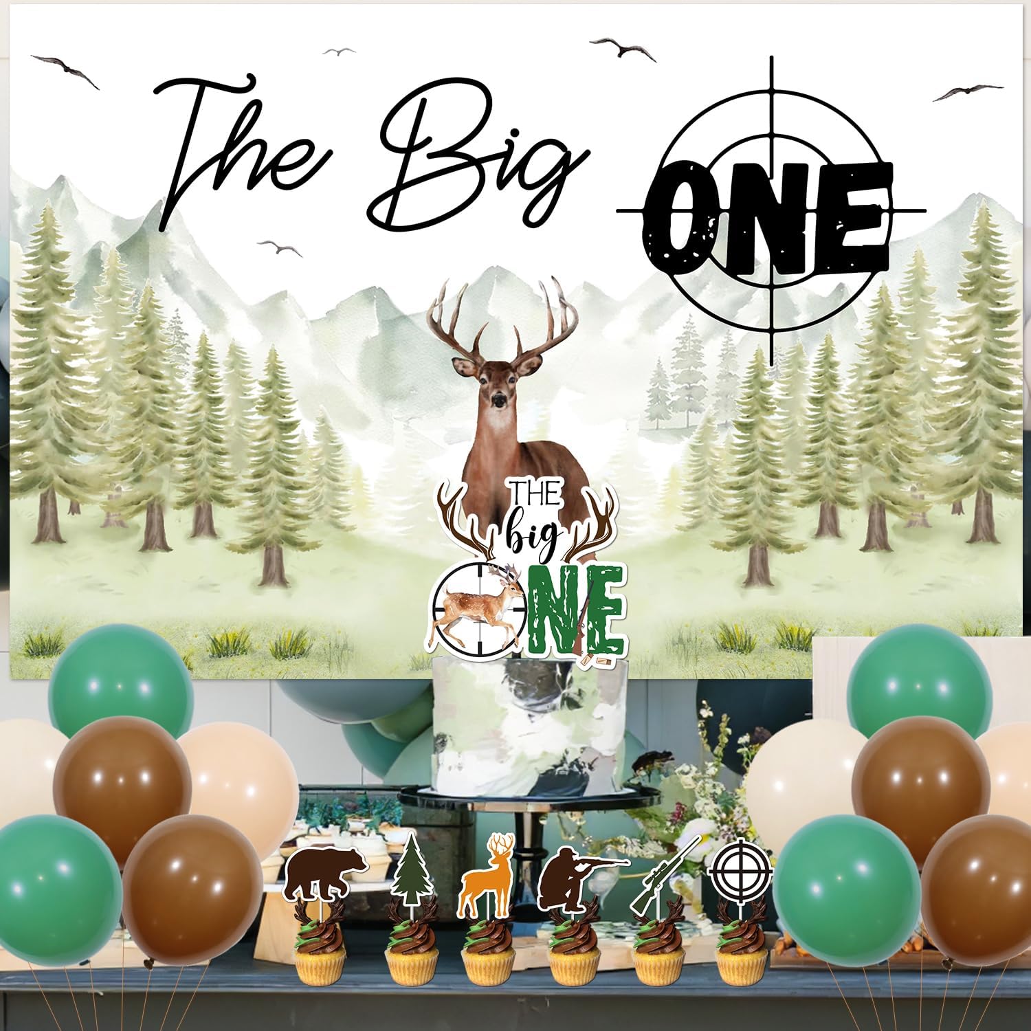 Deer Hunting Theme 1st Birthday Party Decorations - The Big One Backdrop, High Chair Banner, Camo Deer Hunting Cake Topper, Latex Balloons