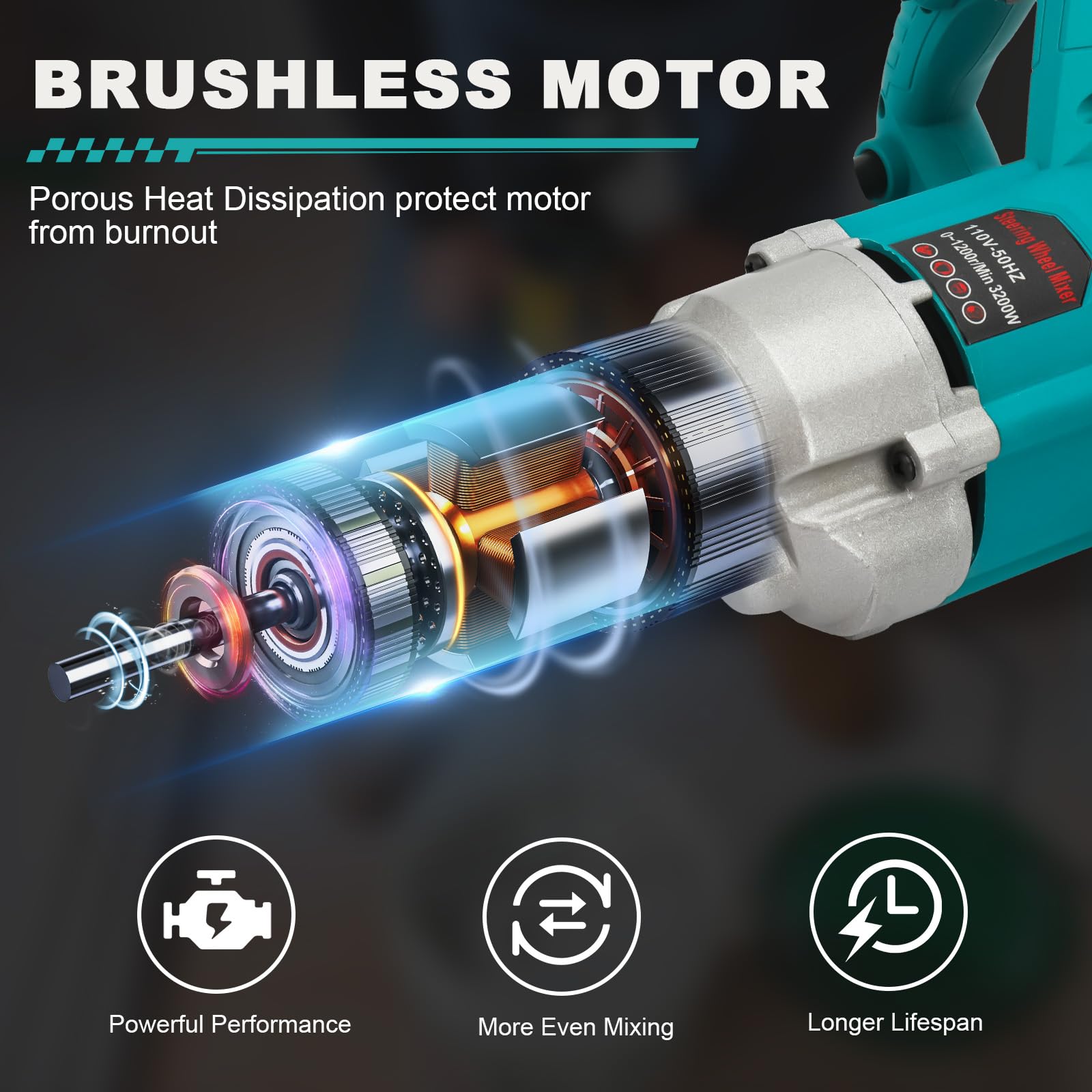 3200W Rührwerk Mörtelrührer mit 2 Rührpaddeln | 1200 U/min Bürstenloser Motor, 6-stufig, Arretierbarer Schalter | Elektro Farbrührer Betonmischer für Farbe, Fliesenkleber, Mörtel, Beton, Futter